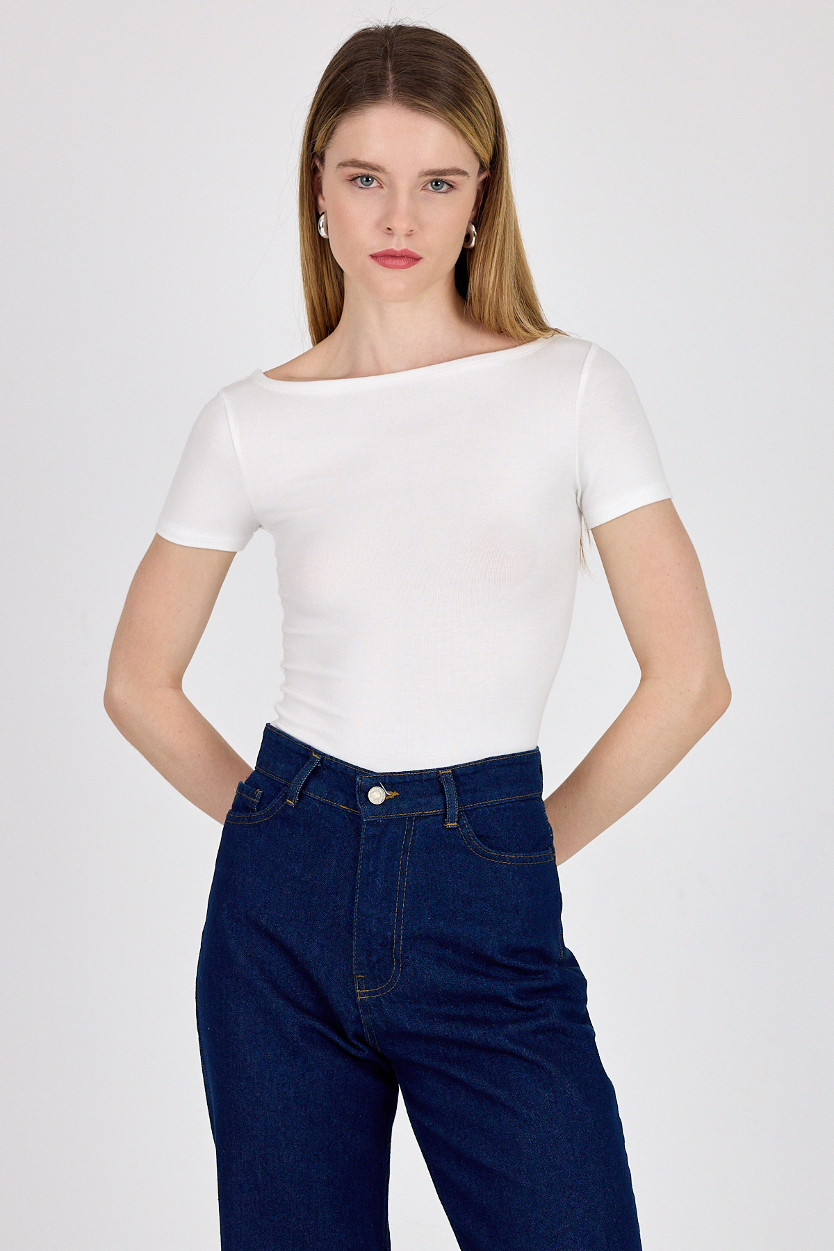 Beyaz Bisiklet Yaka Viskoz/Yumuşak Kumaş Tişört 1469 - 6