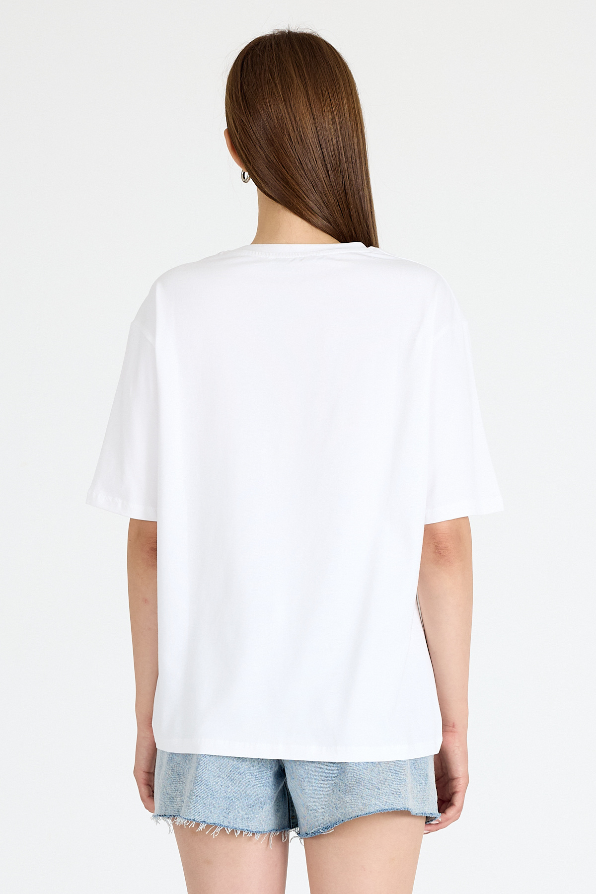 Beyaz Bisiklet Yaka Yazı Baskılı Oversize Tişört 5832 - 5