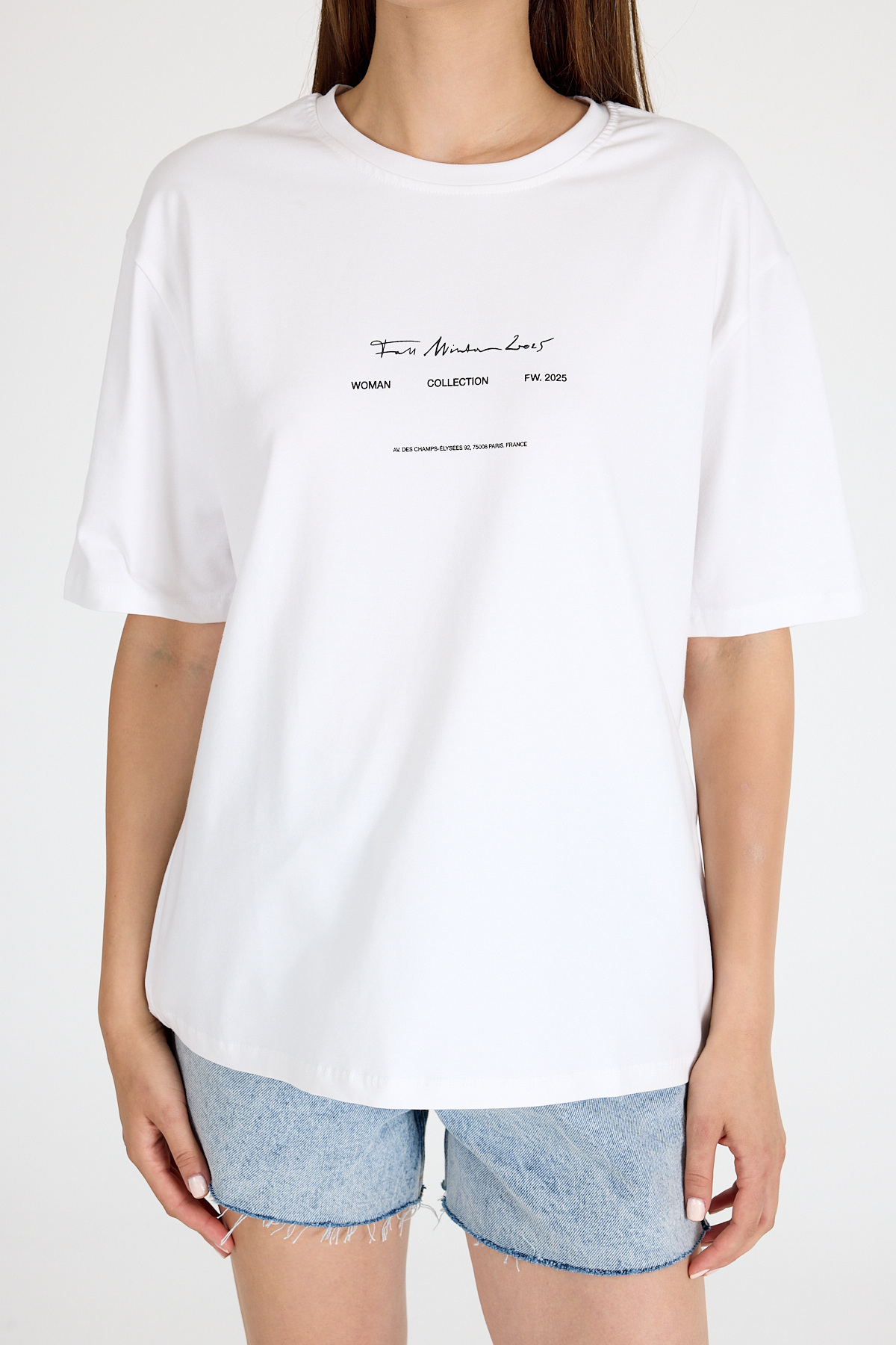 Beyaz Bisiklet Yaka Yazı Baskılı Oversize Tişört 5832 - 2