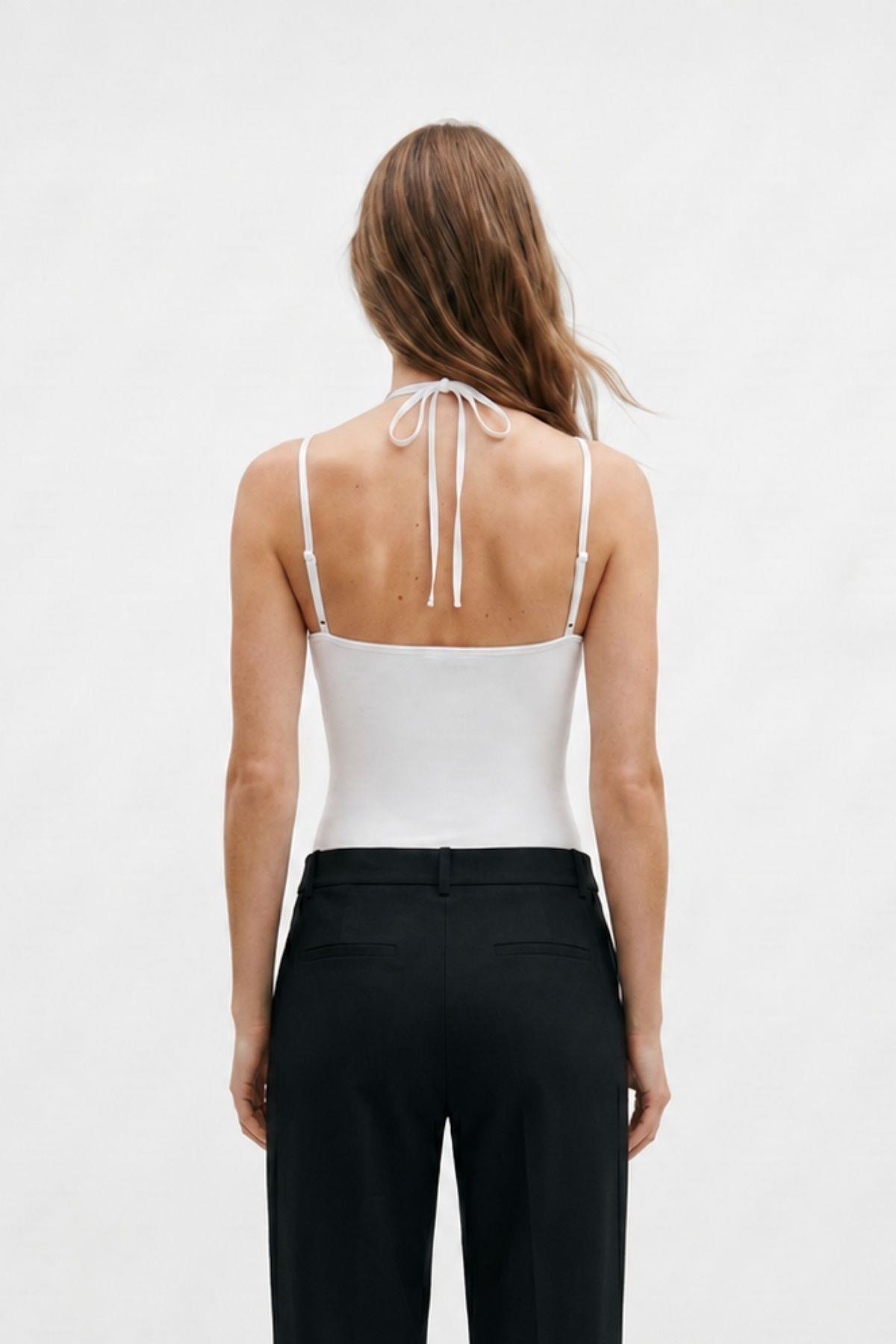 Beyaz Boyundan Bağlamalı Dantel Detay Çıtçıtlı Bodysuit 0348 - 3