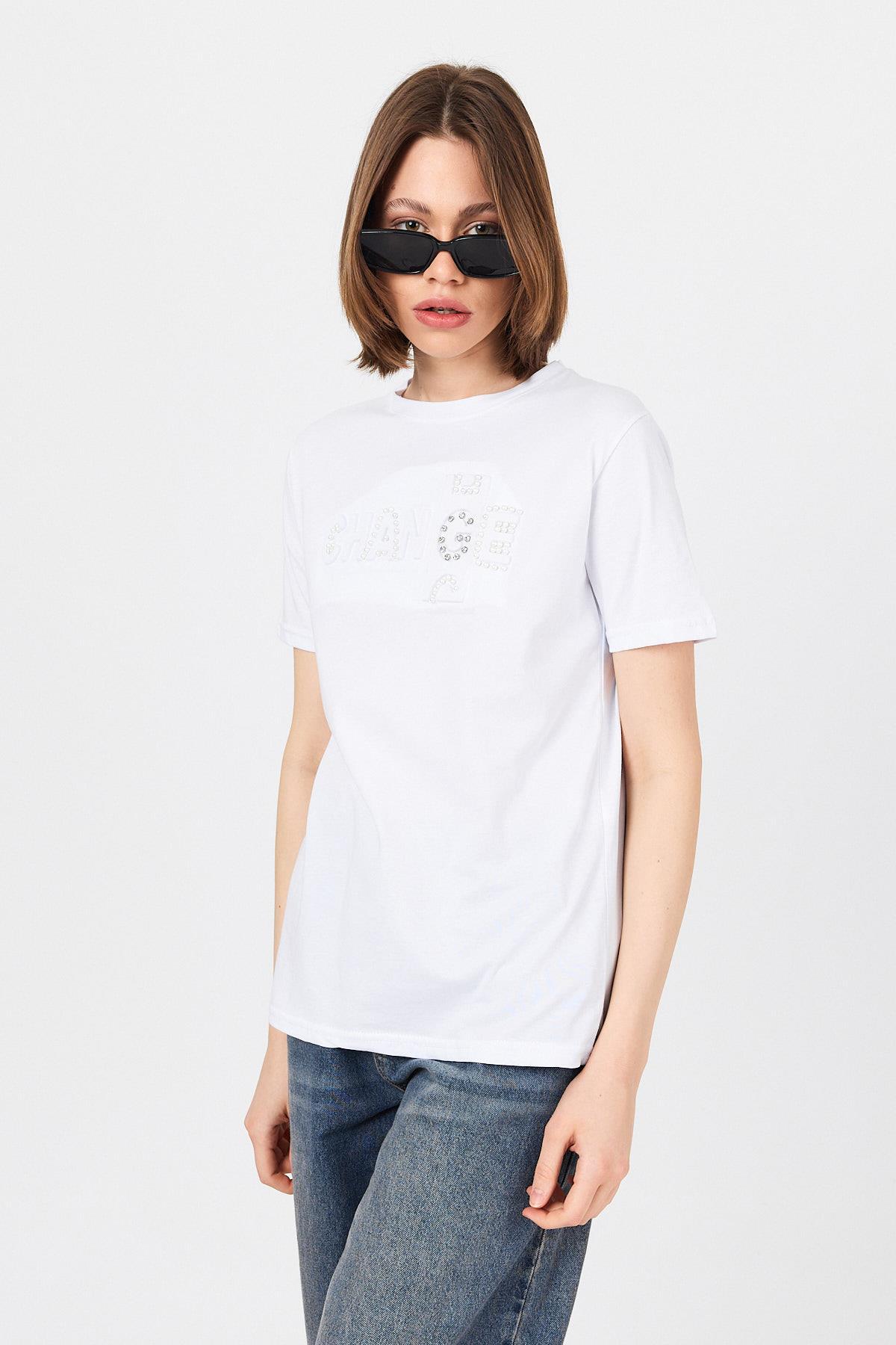 Beyaz Change Yazı Kabartmalı Tişört 25227 - RAYS