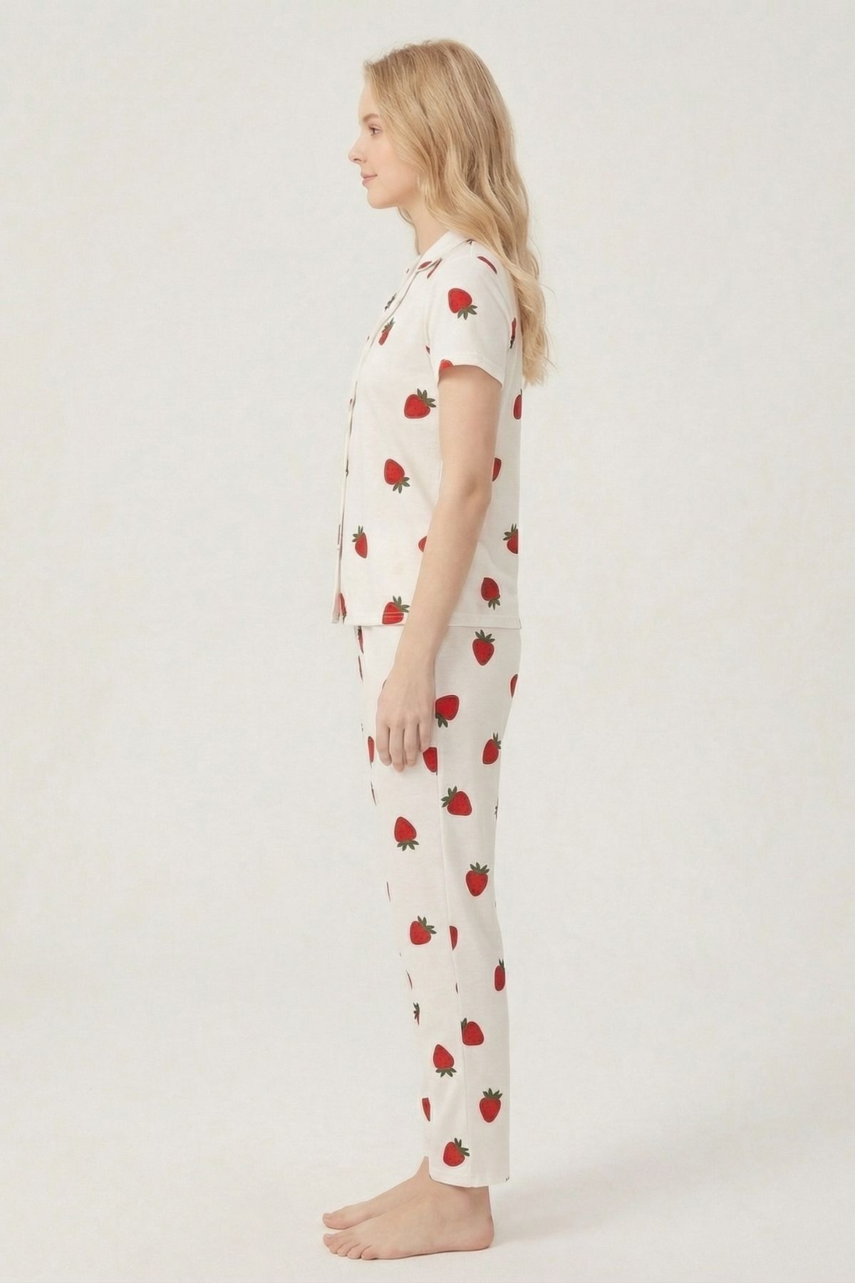 Beyaz Çilek Desen Kısa Kol Tişört Pijama Takım 0715 - 3
