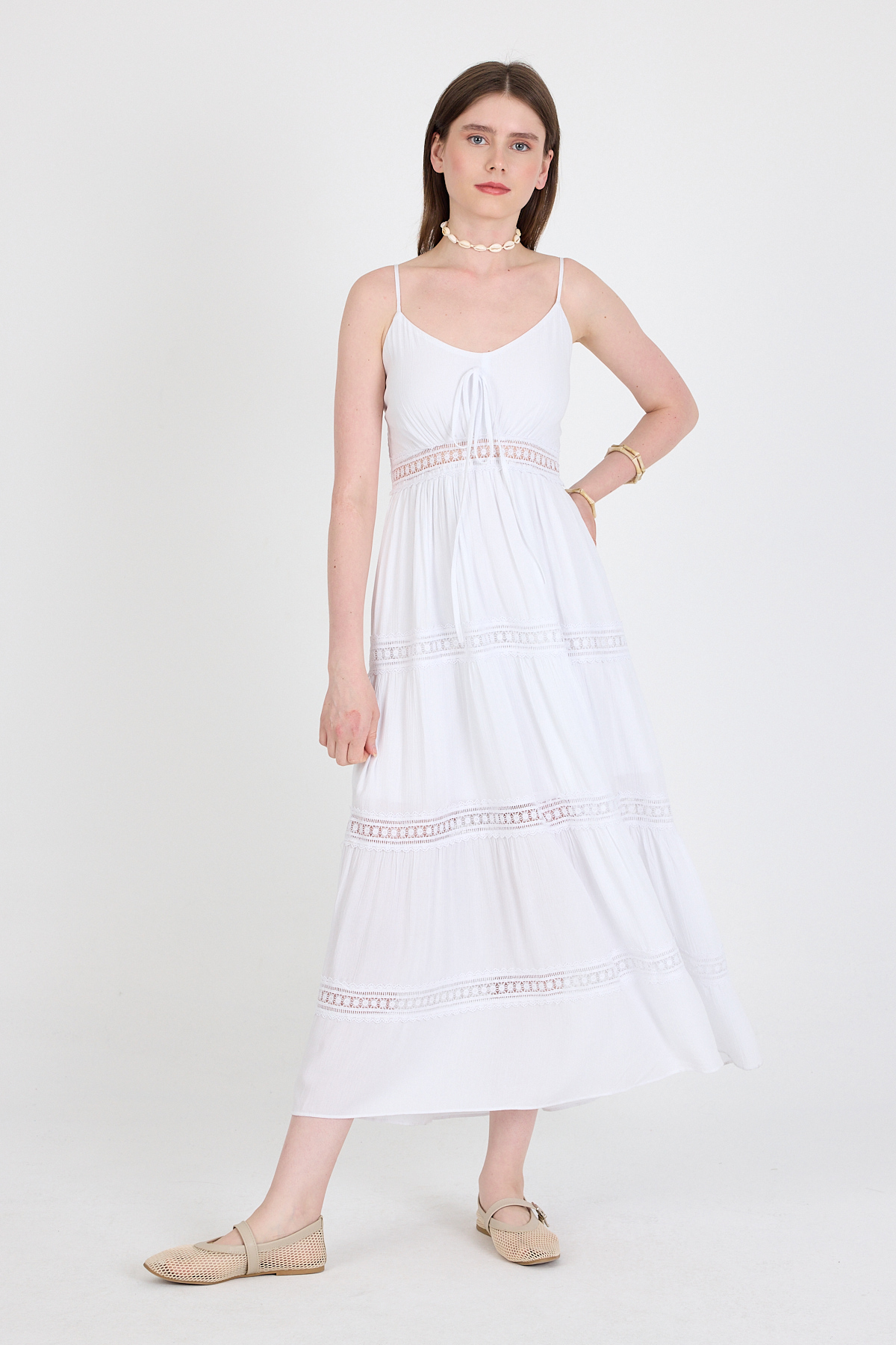 Beyaz Dantel Detaylı Askılı Elbise 251699 - 2