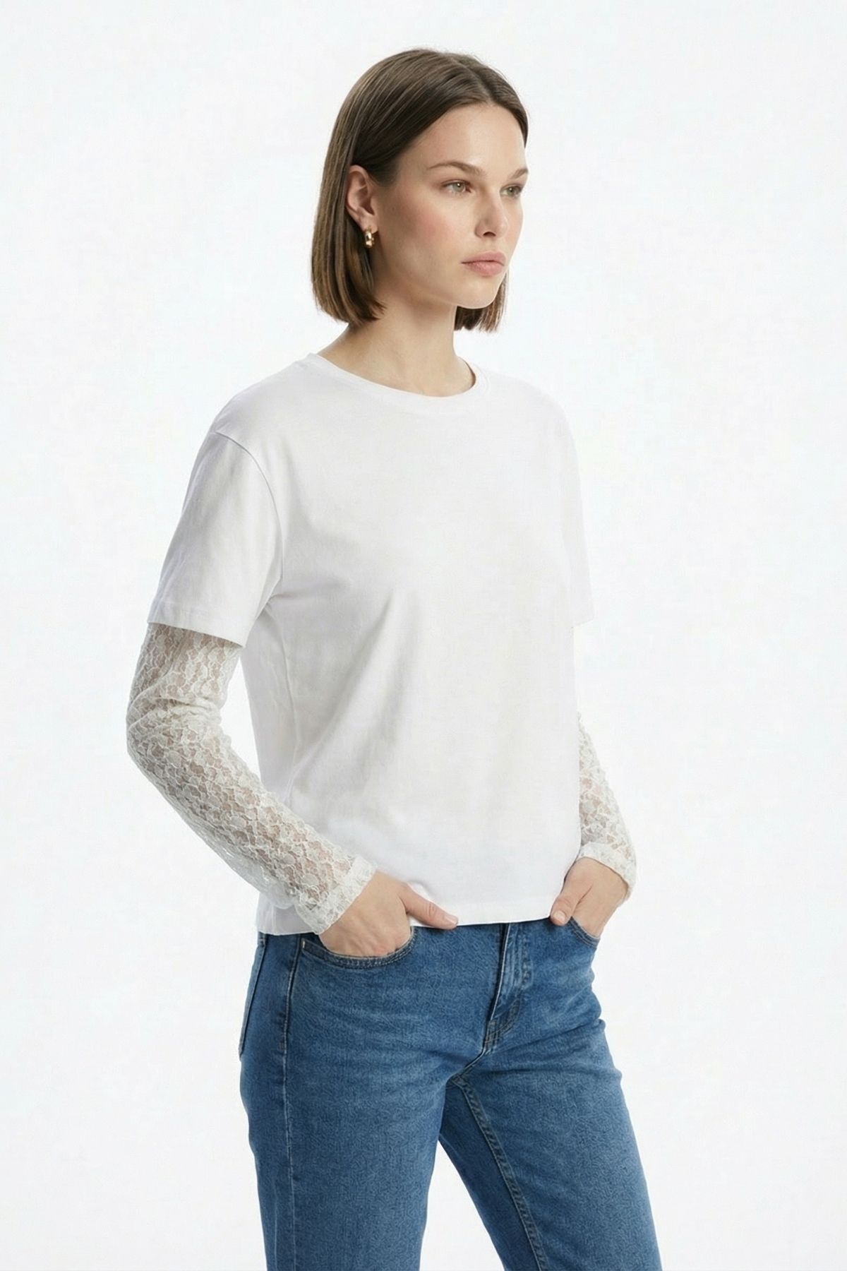 Beyaz Dantel Uzun Kol Tişört 12006 