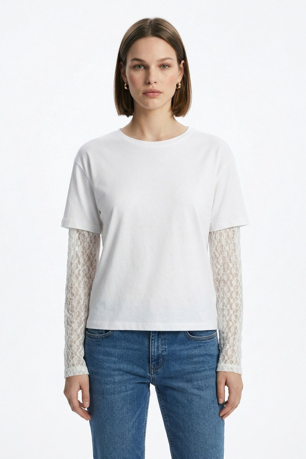 Beyaz Dantel Uzun Kol Tişört 12006 - 2