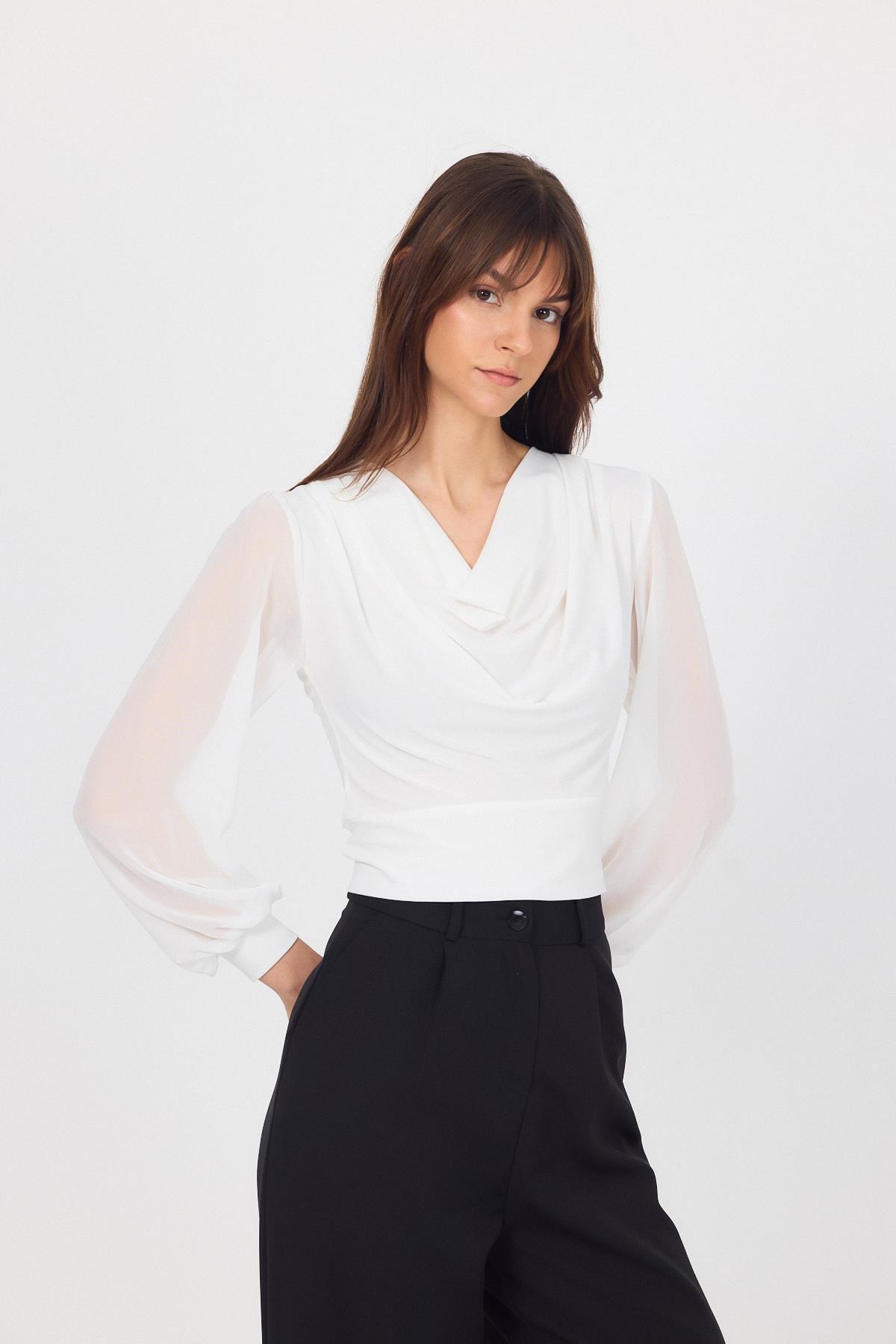 Beyaz Drapeli Tül Kol Detaylı Bluz 9474 - RAYS