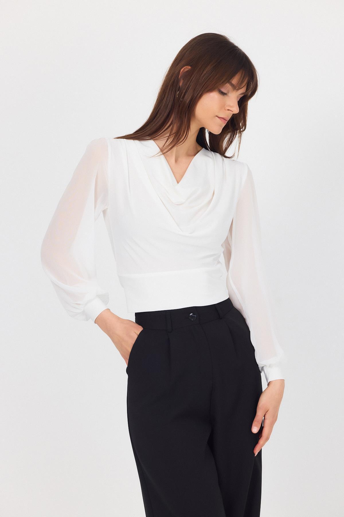 Beyaz Drapeli Tül Kol Detaylı Bluz 9474 - RAYS