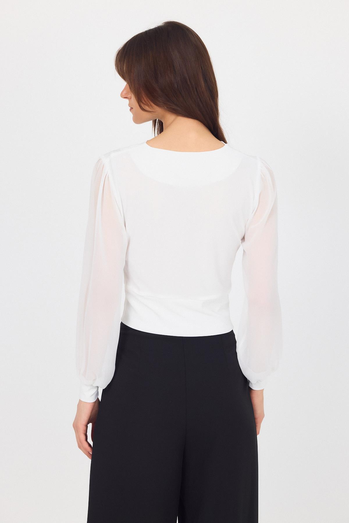 Beyaz Drapeli Tül Kol Detaylı Bluz 9474 - 5