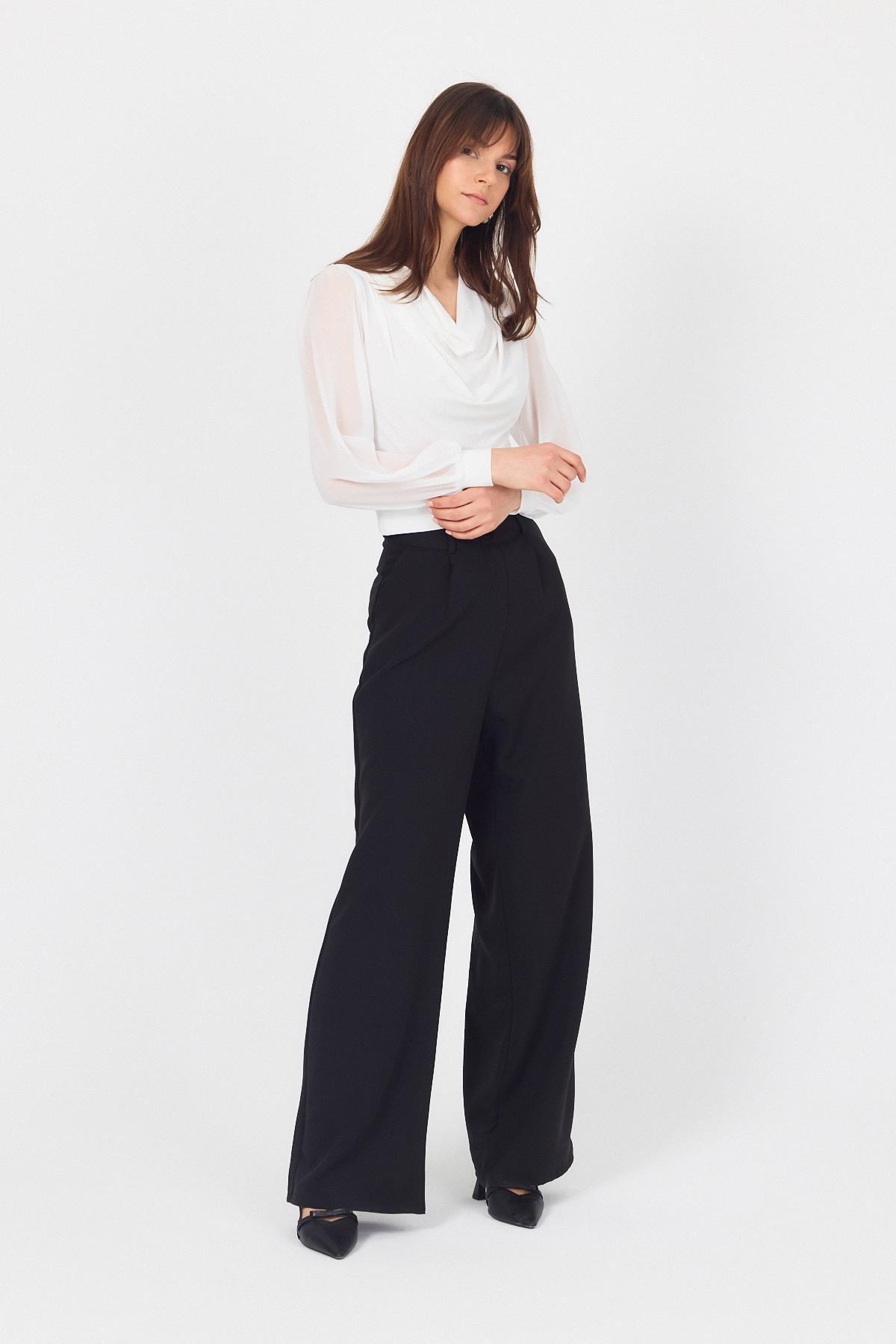 Beyaz Drapeli Tül Kol Detaylı Bluz 9474 - 7