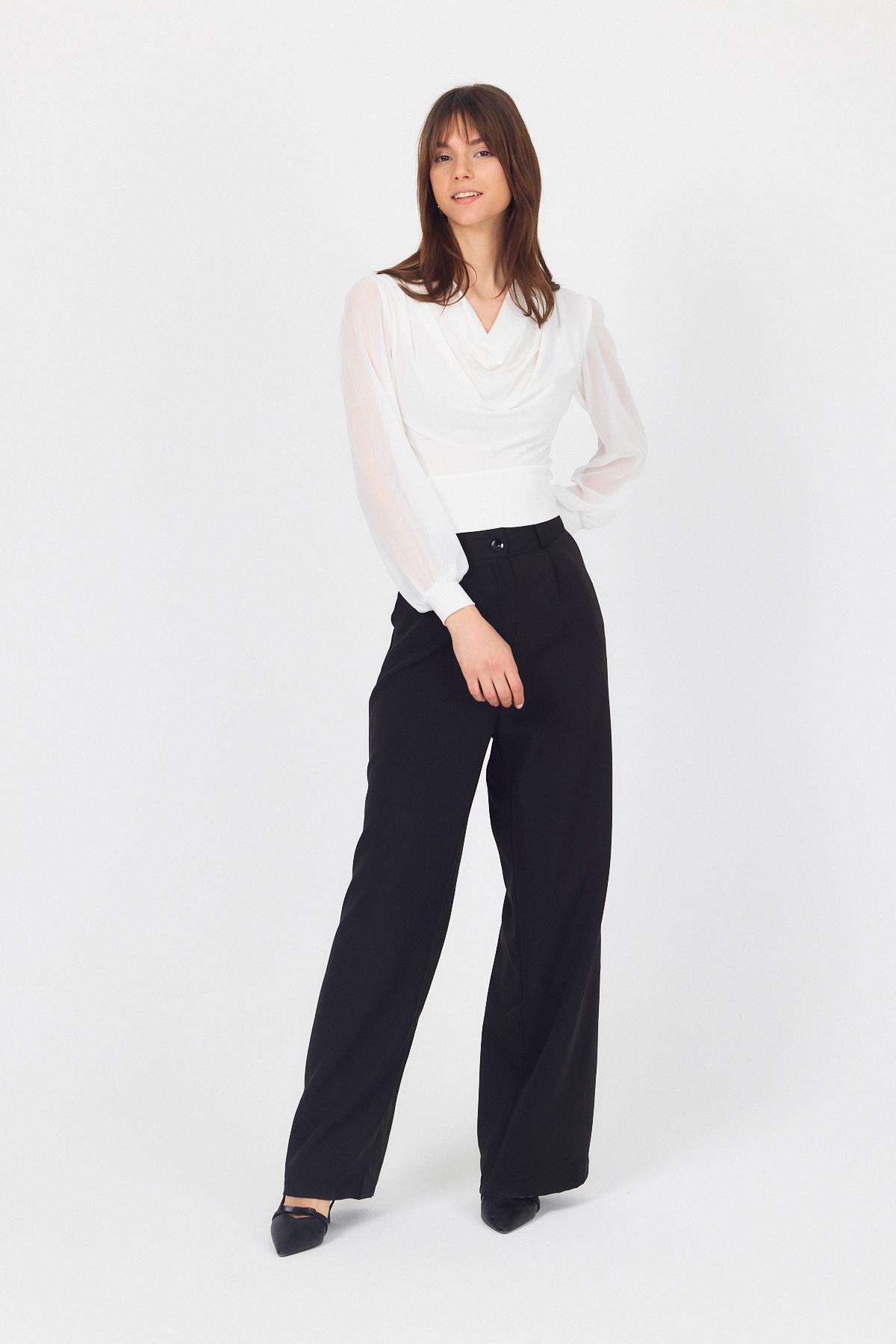 Beyaz Drapeli Tül Kol Detaylı Bluz 9474 - 3