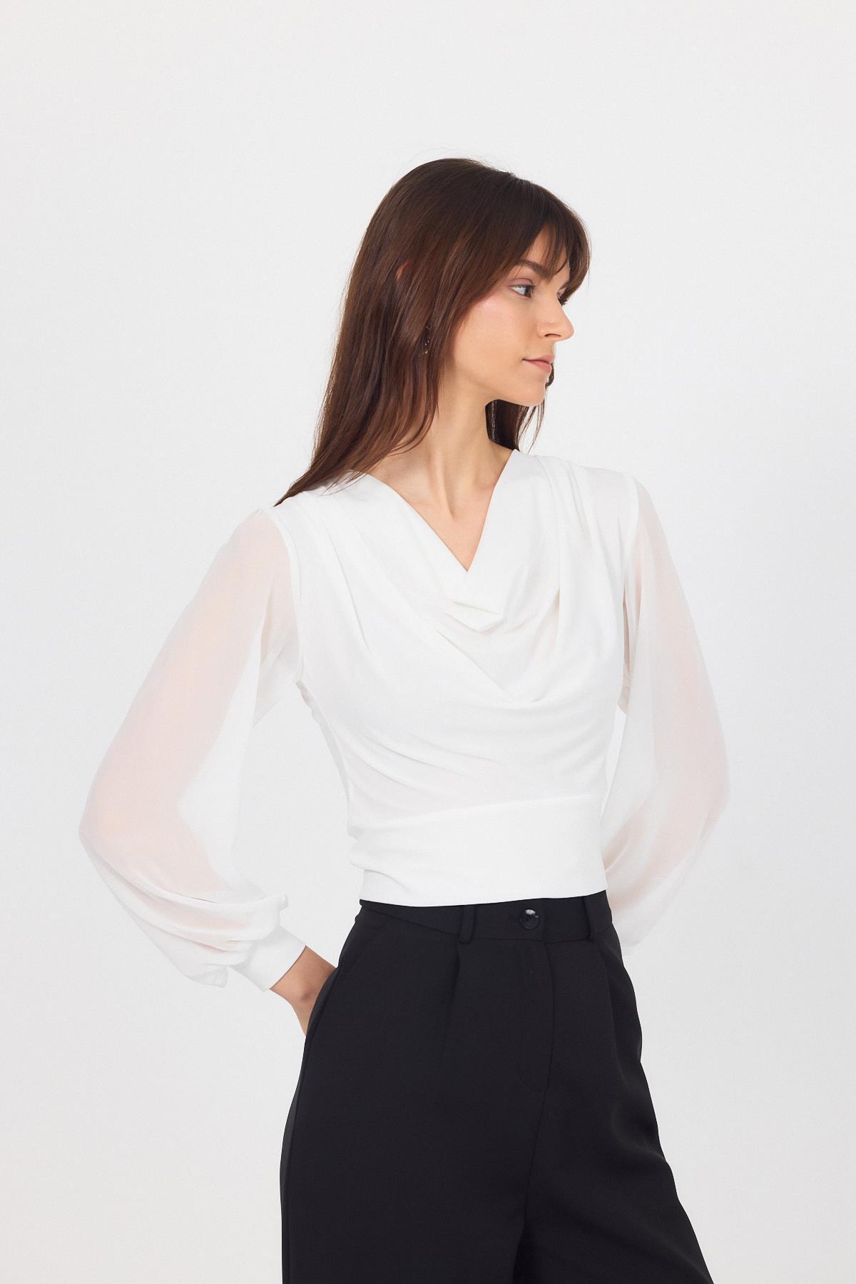 Beyaz Drapeli Tül Kol Detaylı Bluz 9474 - 6
