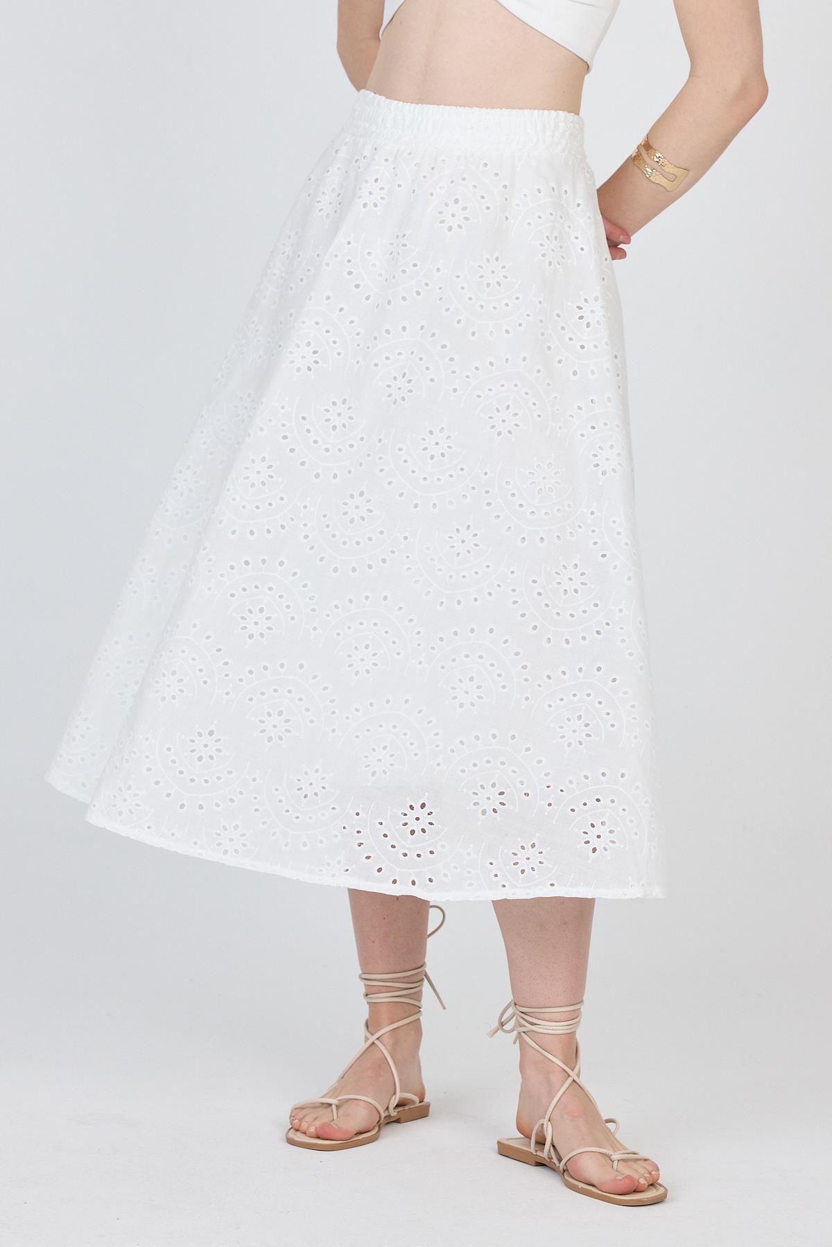 Beyaz Fisto Detaylı Midi Etek 4762A - 3