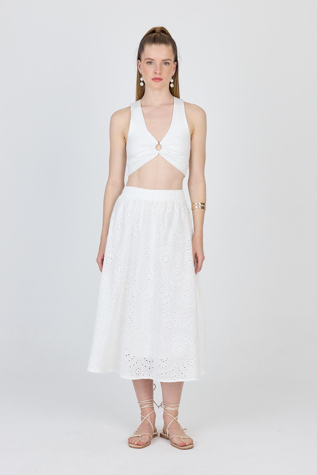 Beyaz Fisto Detaylı Midi Etek 4762A - 6
