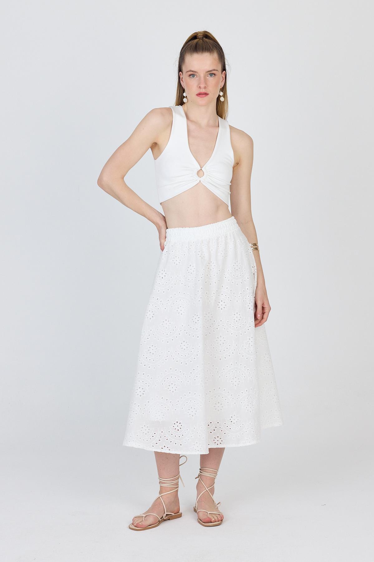 Beyaz Fisto Detaylı Midi Etek 4762A - 8
