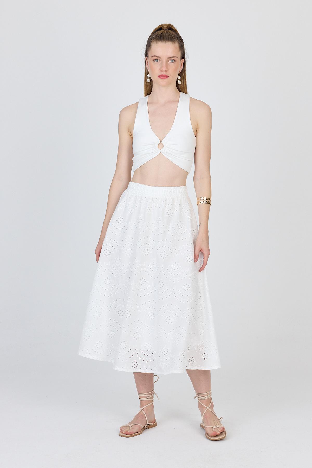 Beyaz Fisto Detaylı Midi Etek 4762A 