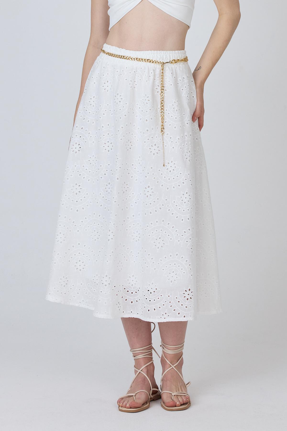 Beyaz Fisto Detaylı Midi Etek 4762A - 2