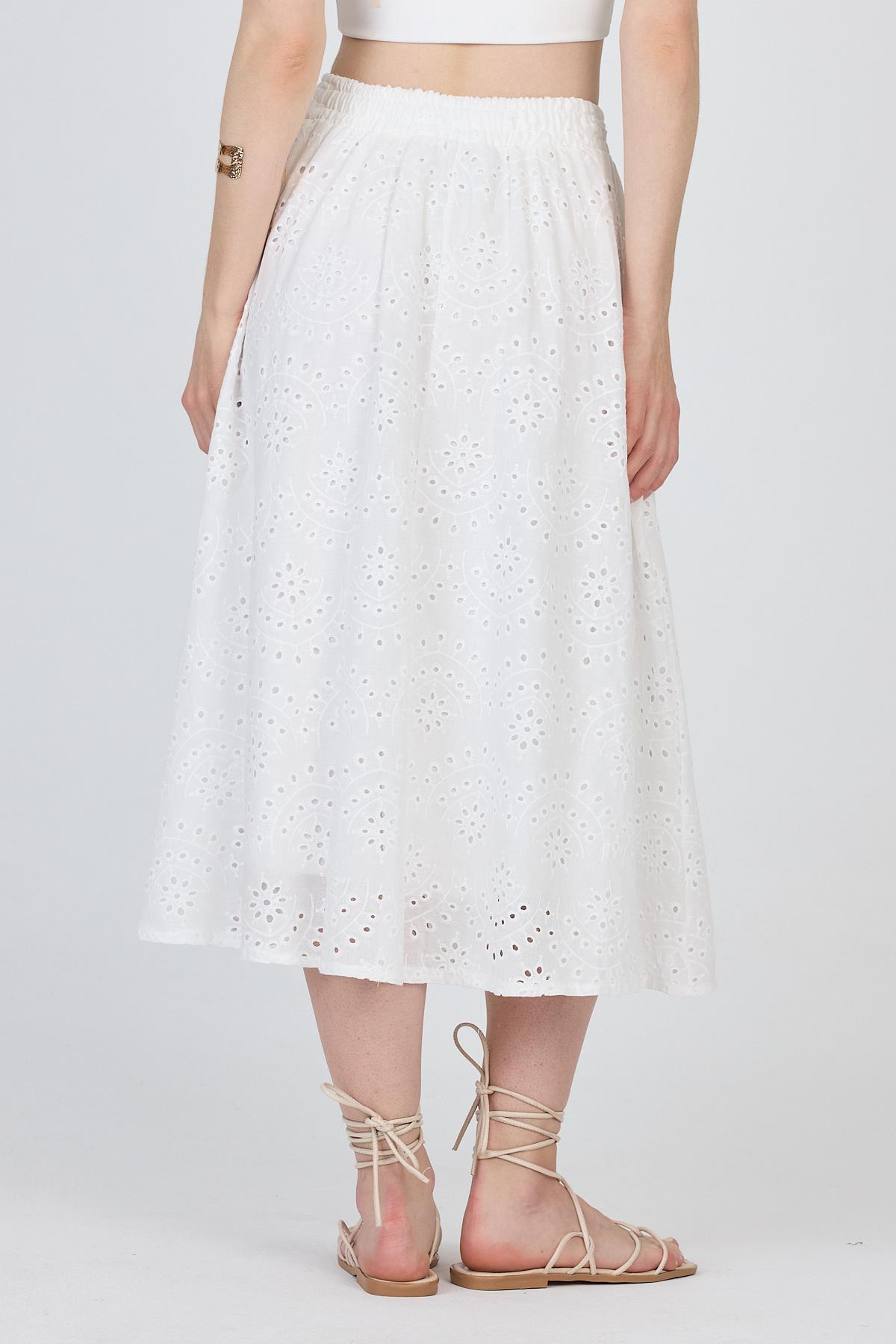 Beyaz Fisto Detaylı Midi Etek 4762A - 5