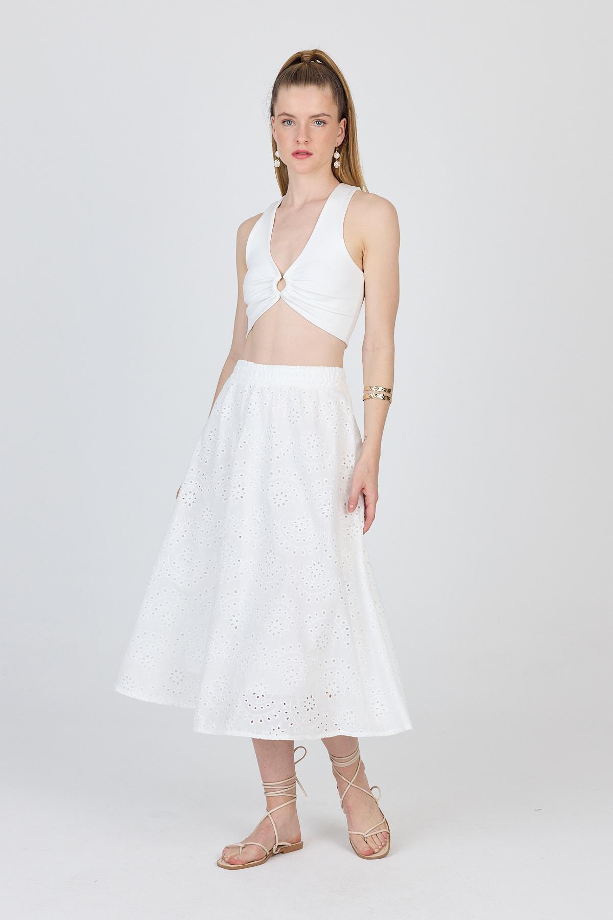 Beyaz Fisto Detaylı Midi Etek 4762A - 7