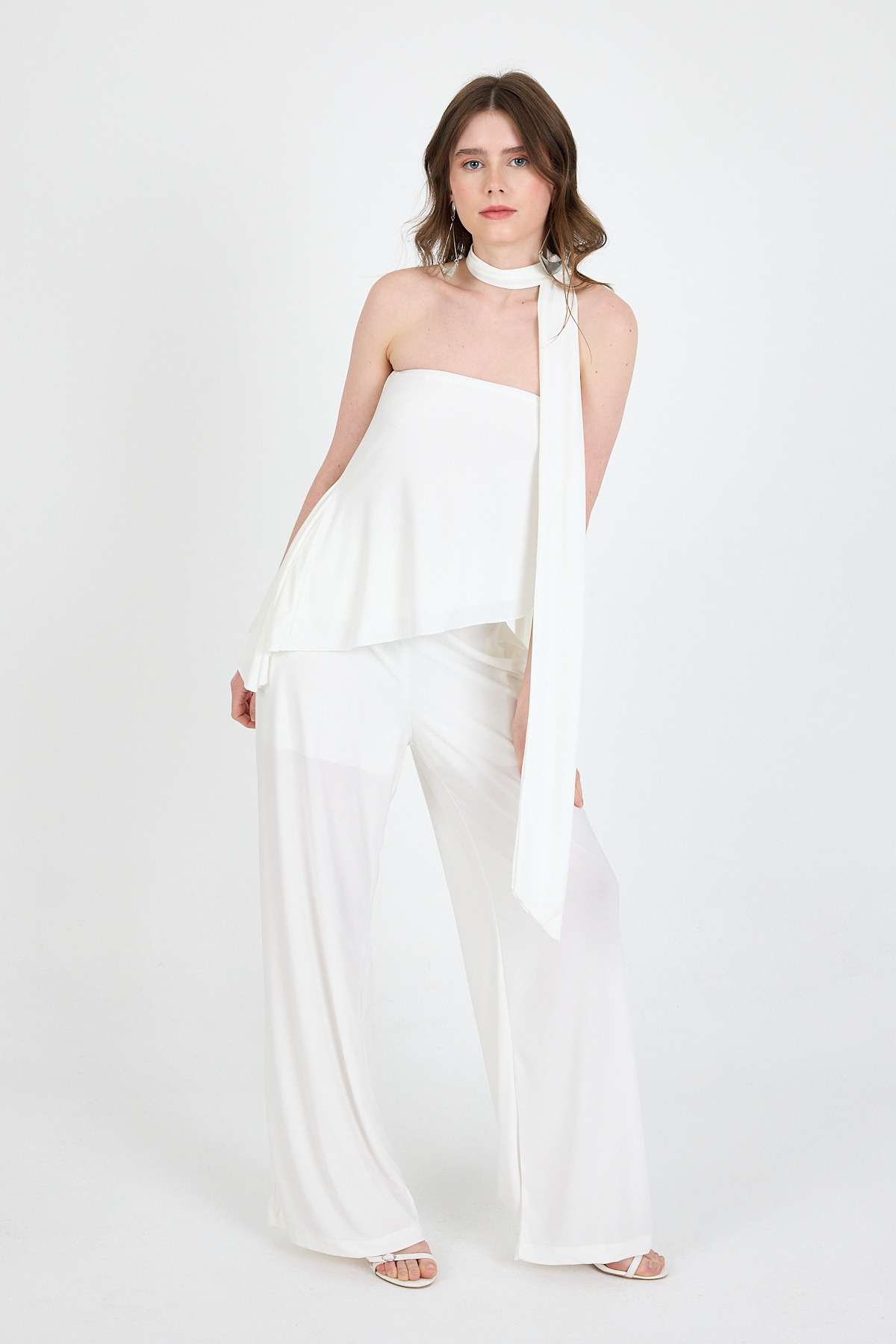 Beyaz Fularlı Pantolon Bluz İkili Takım 5224 - 6