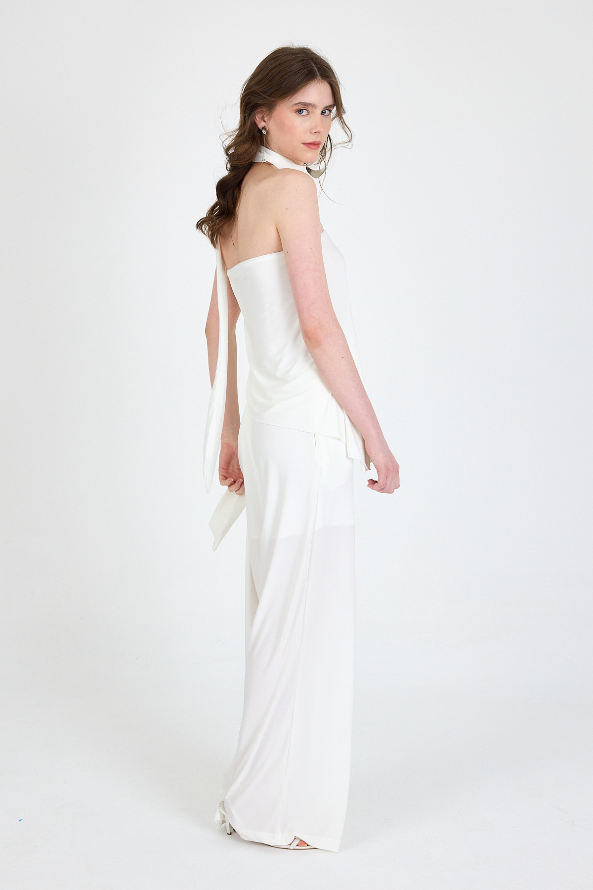 Beyaz Fularlı Pantolon Bluz İkili Takım 5224 - 5