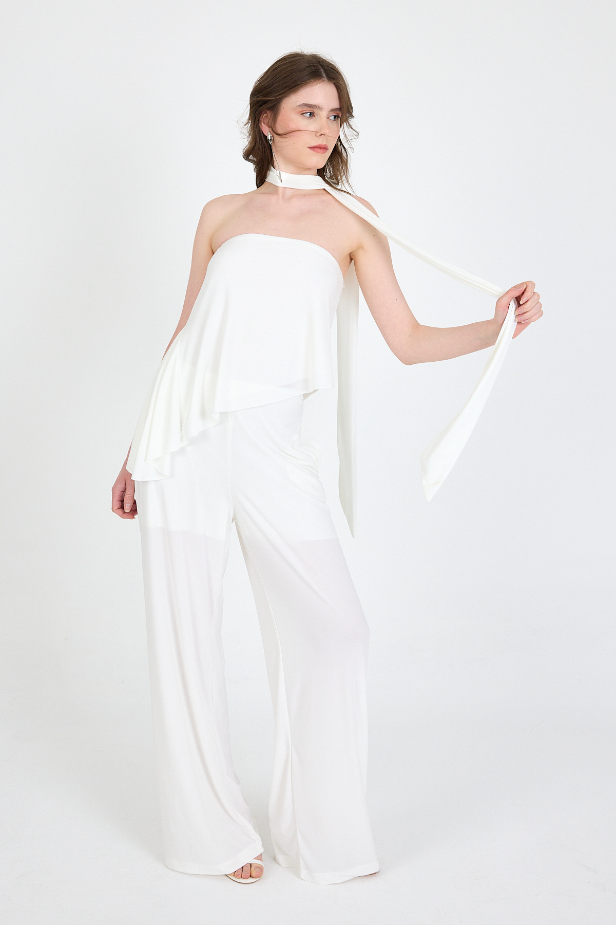 Beyaz Fularlı Pantolon Bluz İkili Takım 5224 - 2