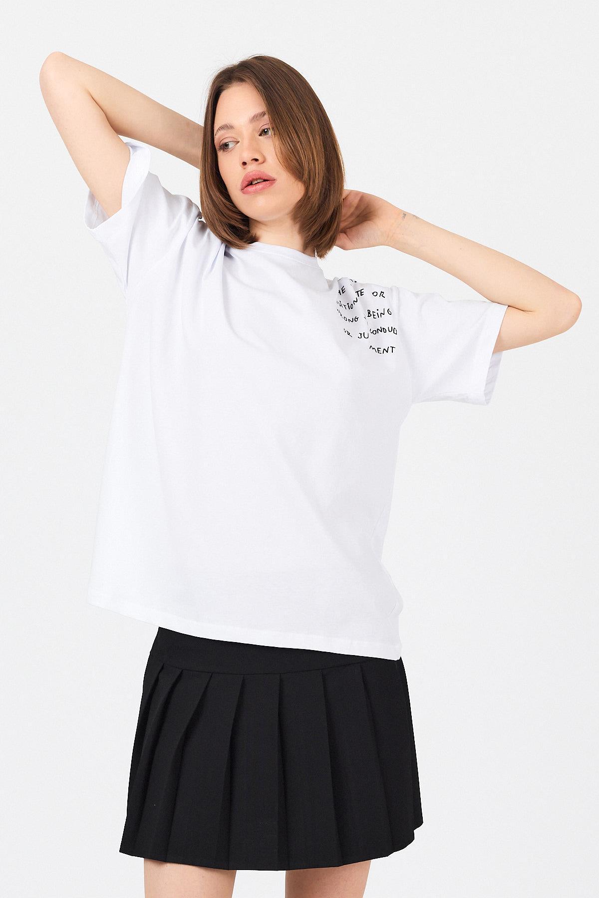 Beyaz Göğüs Yazı Baskılı Pamuklu Oversize Tişört 2150-31M - 8