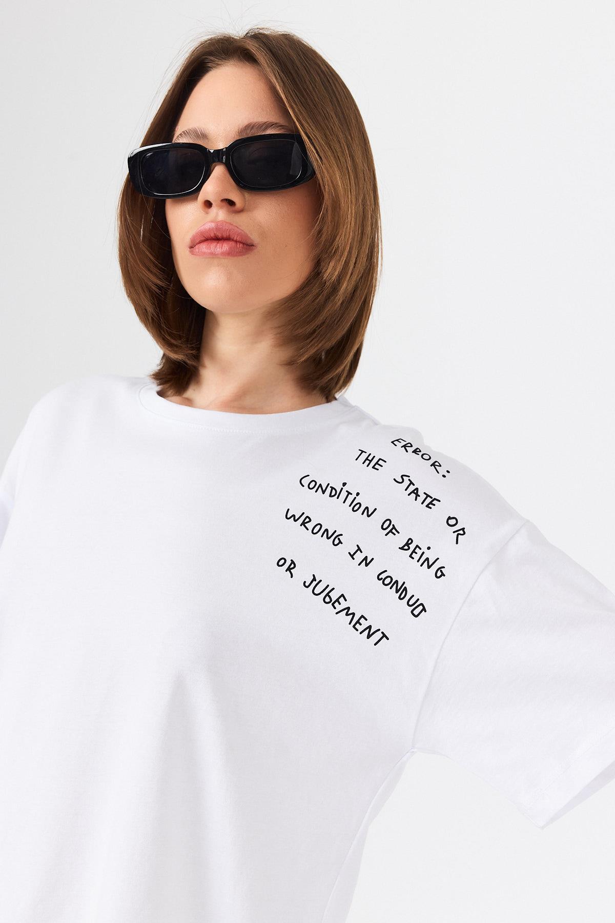 Beyaz Göğüs Yazı Baskılı Pamuklu Oversize Tişört 2150-31M - 4