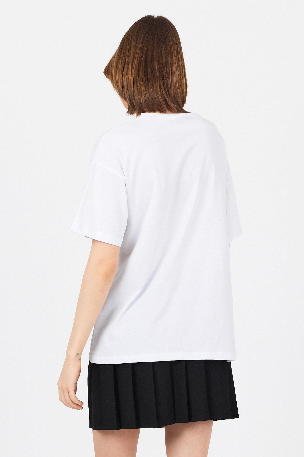 Beyaz Göğüs Yazı Baskılı Pamuklu Oversize Tişört 2150-31M - 5