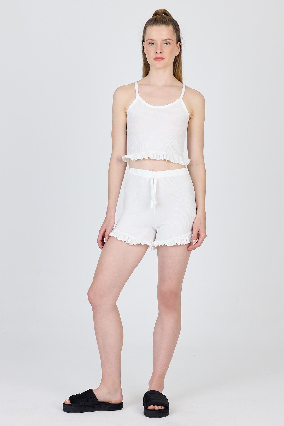 Beyaz İp Askılı Fırfırlı Şortlu Takım 0703 - RAYS