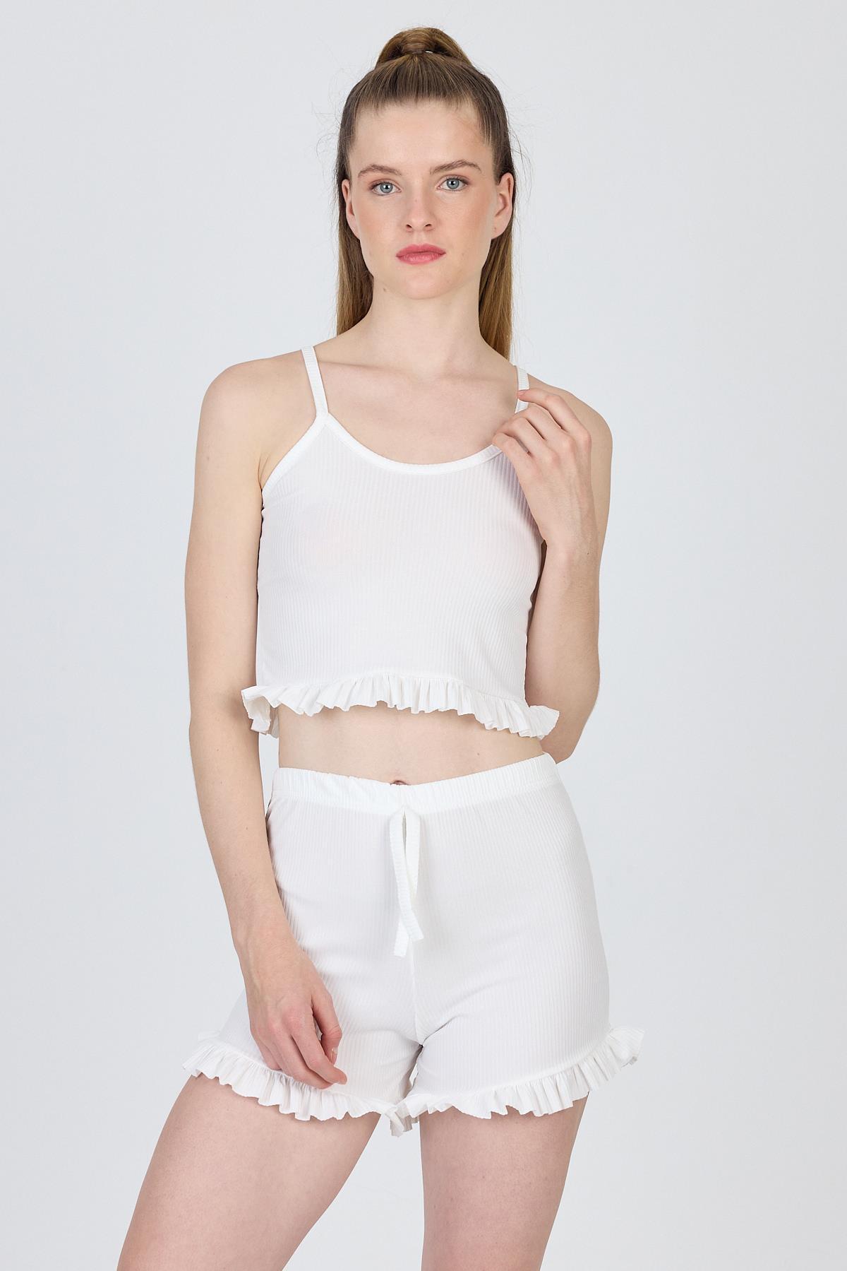 Beyaz İp Askılı Fırfırlı Şortlu Takım 0703 - RAYS
