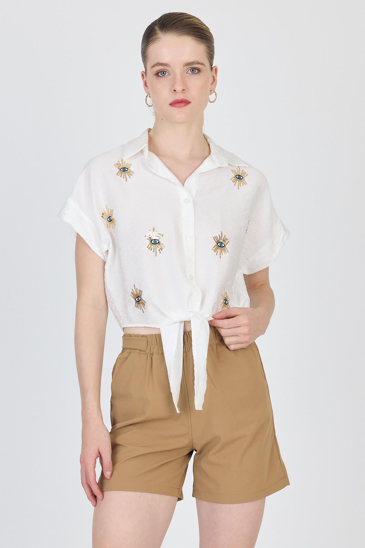 Beyaz İşlemeli Bağlamalı Gömlek 4385 - 1