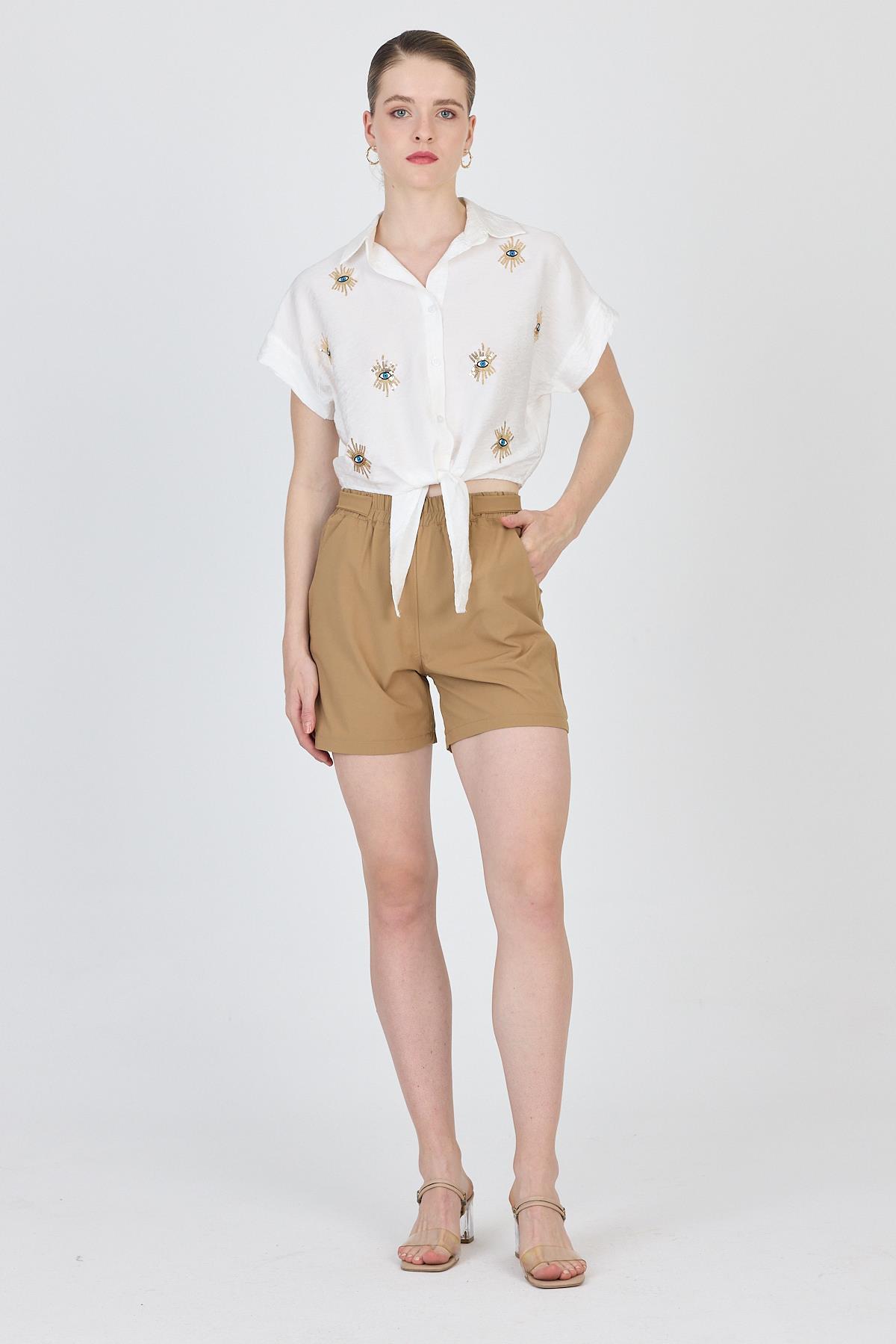 Beyaz İşlemeli Bağlamalı Gömlek 4385 - 2