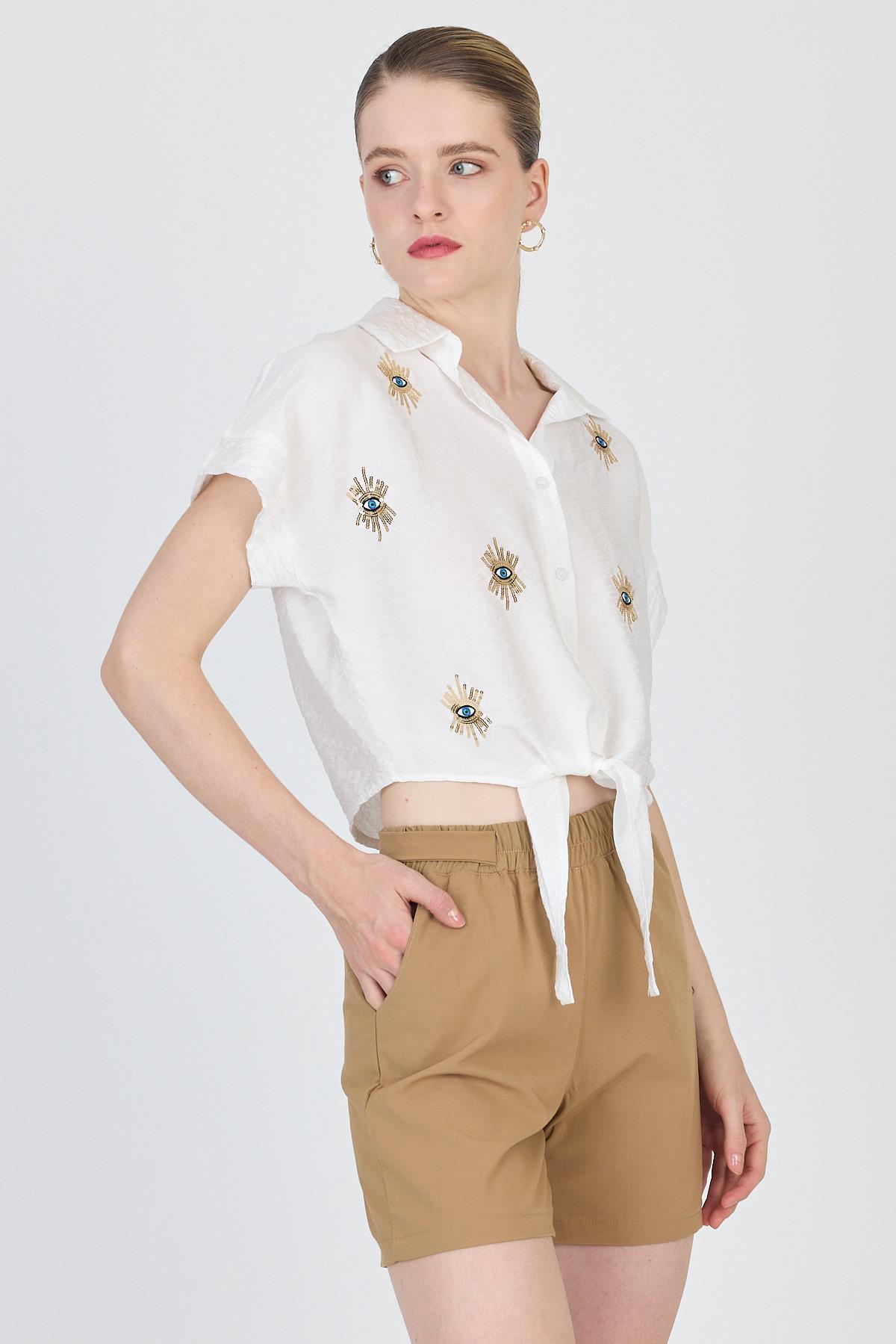 Beyaz İşlemeli Bağlamalı Gömlek 4385 - 3