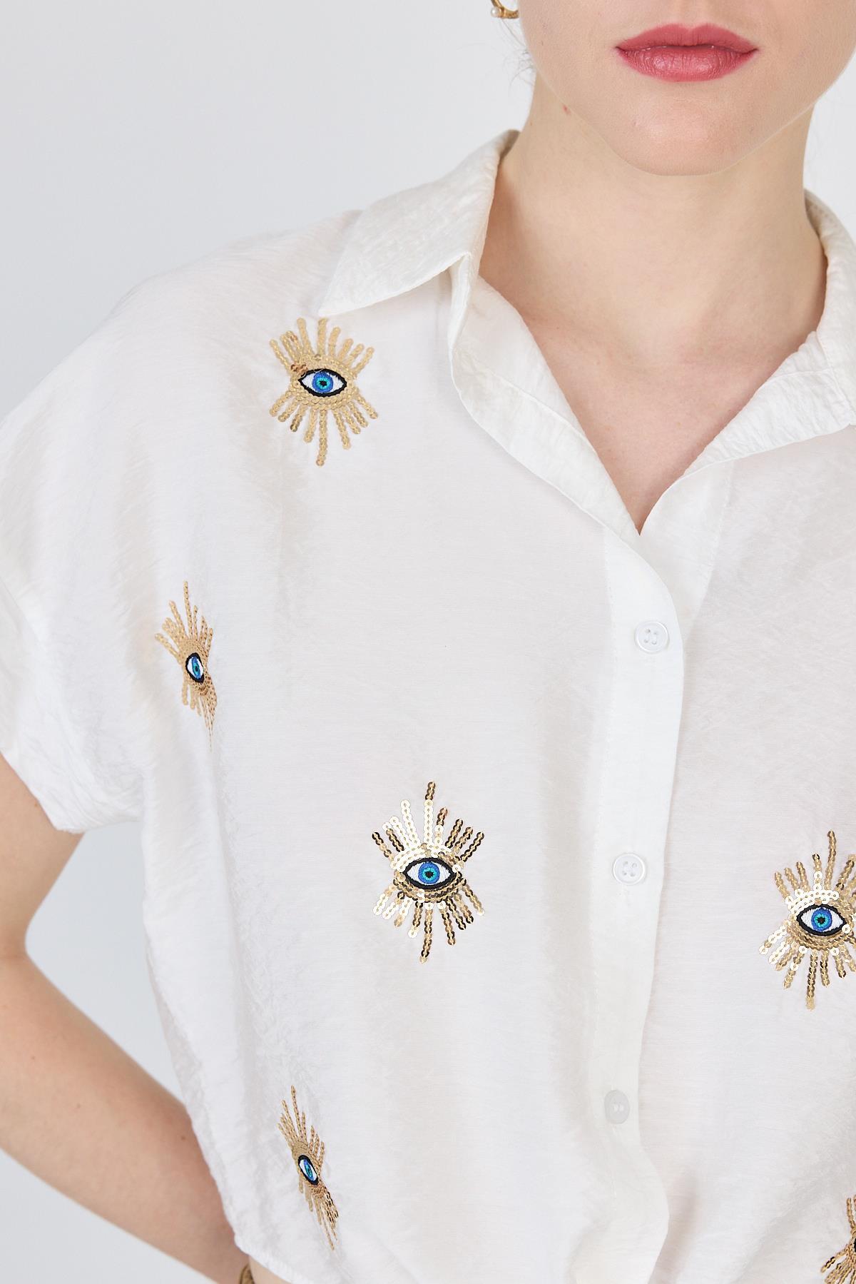 Beyaz İşlemeli Bağlamalı Gömlek 4385 - 4