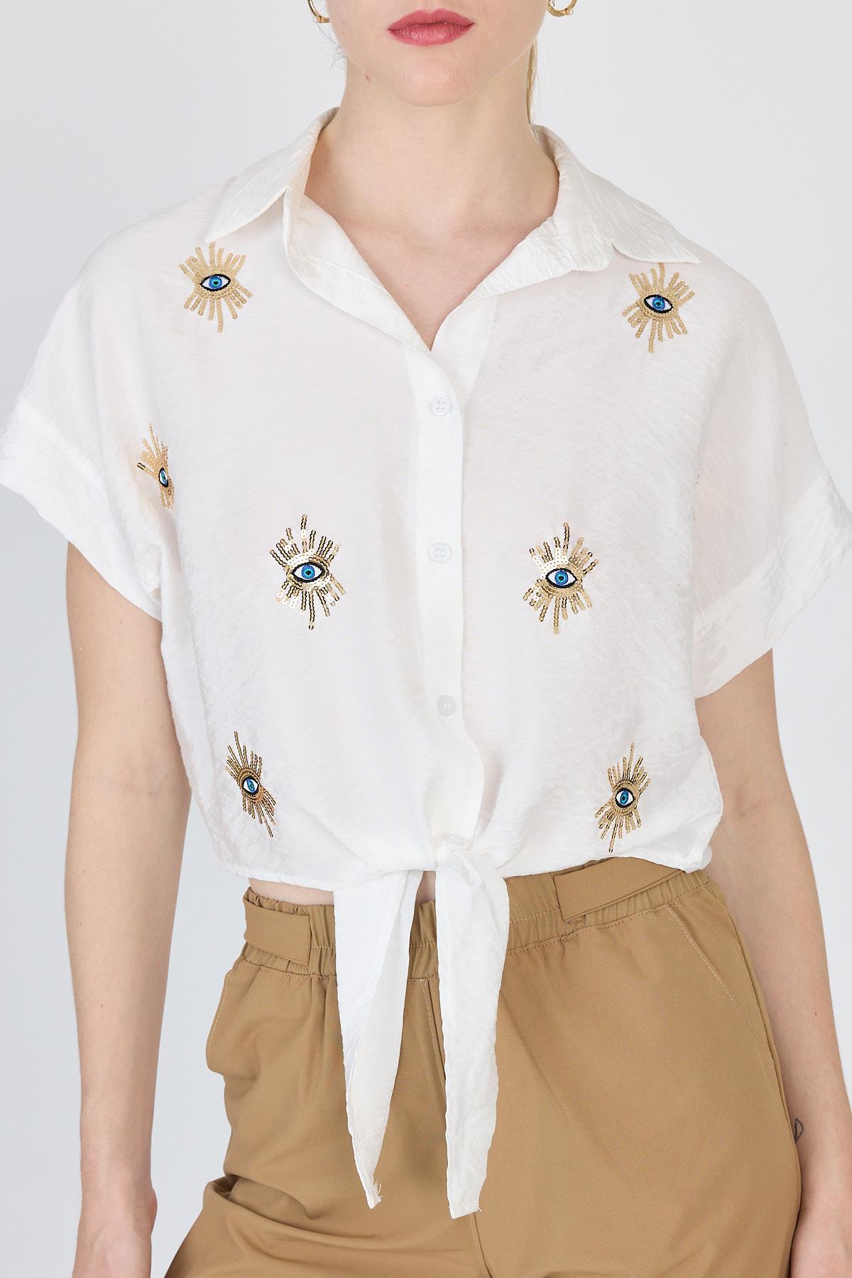 Beyaz İşlemeli Bağlamalı Gömlek 4385 - 6