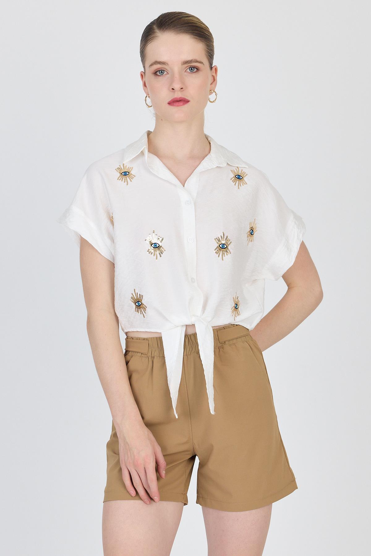 Beyaz İşlemeli Bağlamalı Gömlek 4385 - 7