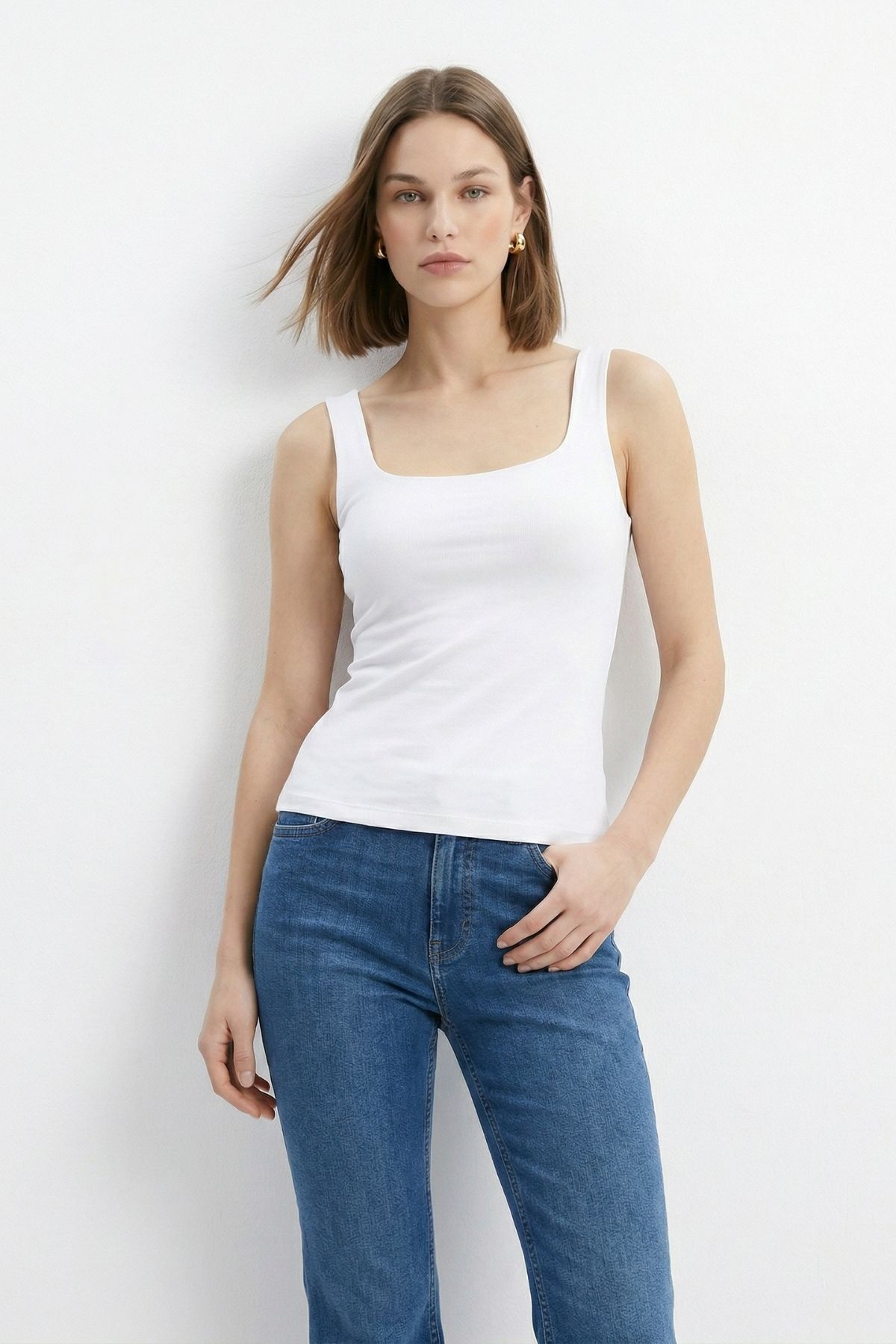 Beyaz Kalın Askılı Kare Yaka Atlet 344 - RAYS