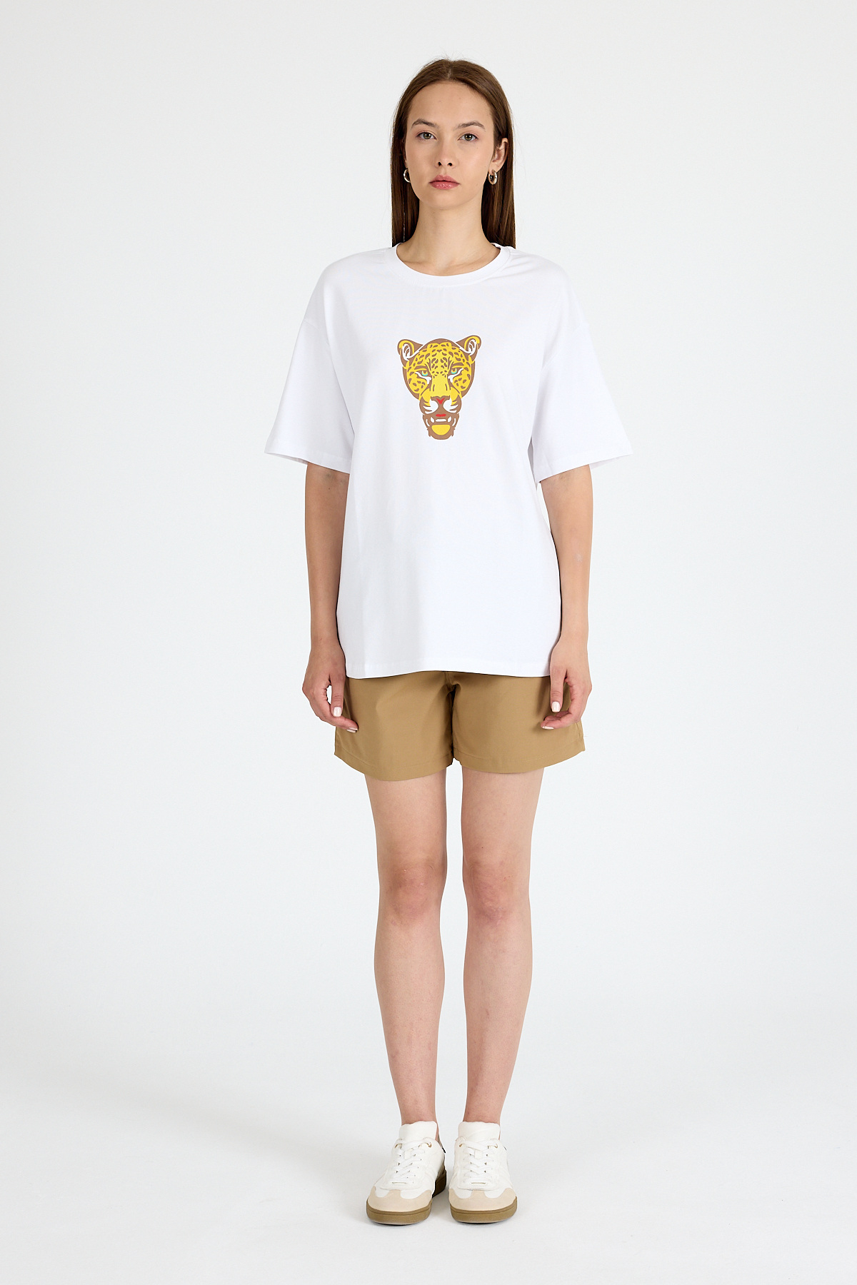 Beyaz Kaplan Baskılı Oversize Tişört 6887 - 3