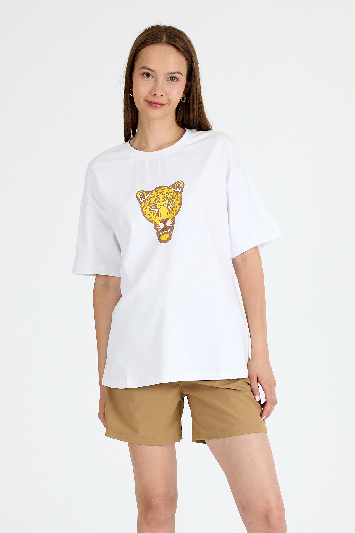 Beyaz Kaplan Baskılı Oversize Tişört 6887 