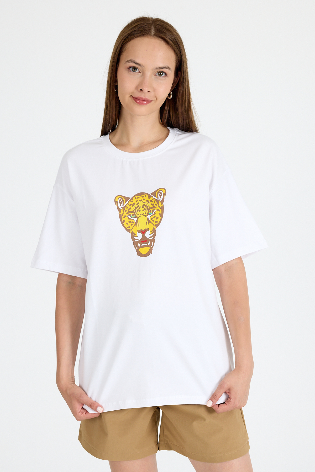 Beyaz Kaplan Baskılı Oversize Tişört 6887 - 6