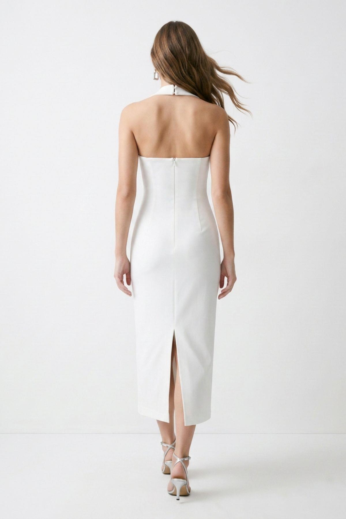 Kare Yaka Kalın Askılı Arkadan Yırtmaçlı Midi Elbise 0380 Beyaz - 3