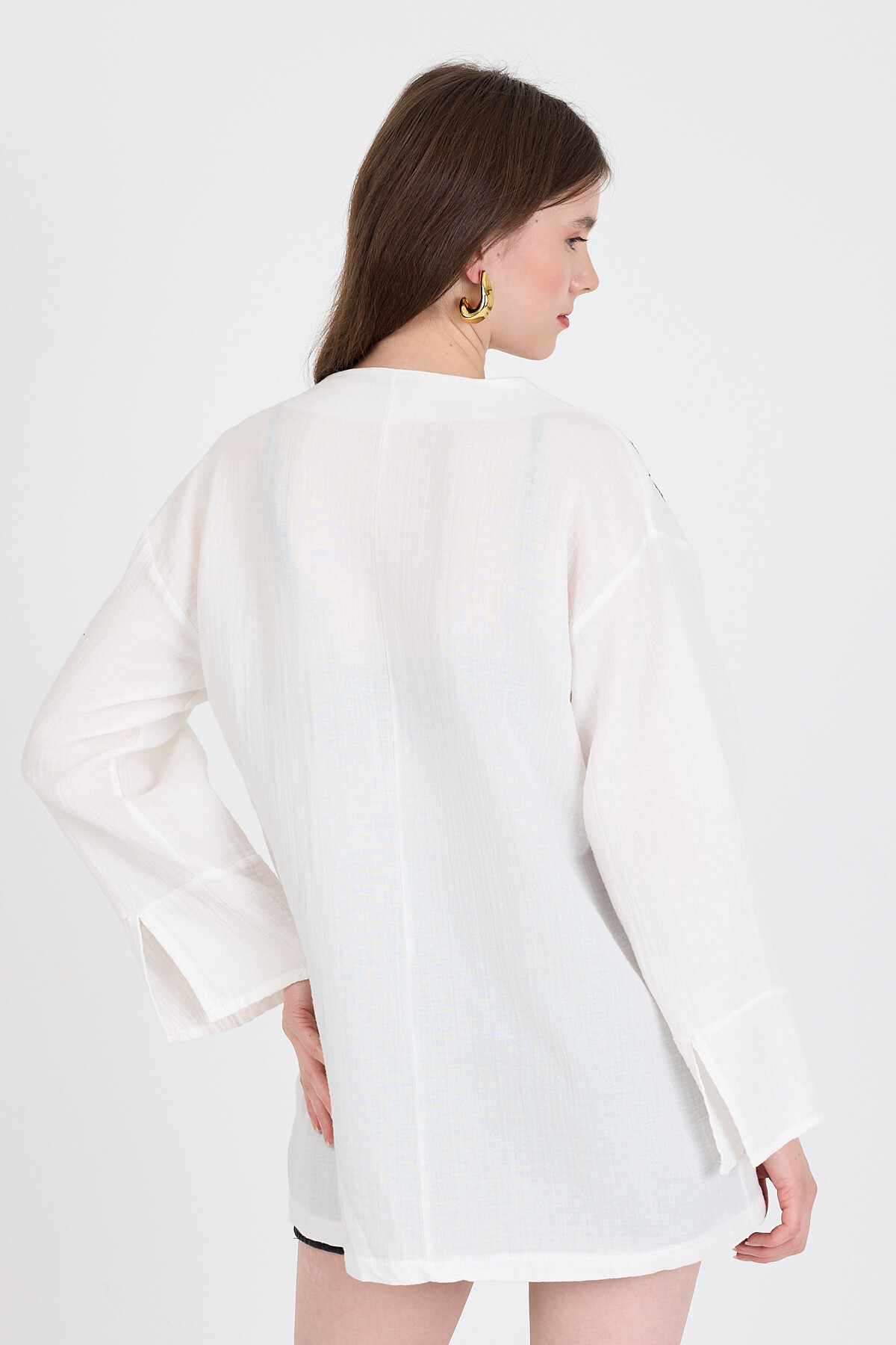 Beyaz Keten Görümümlü %100 Pamuk İşlemeli Kimono 4811A - 5