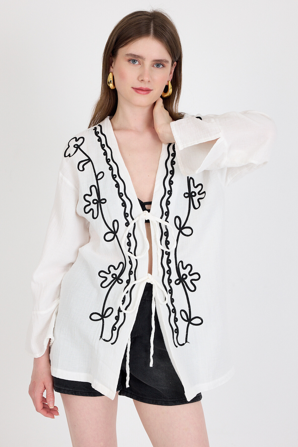 Beyaz Keten Görümümlü %100 Pamuk İşlemeli Kimono 4811A - 6