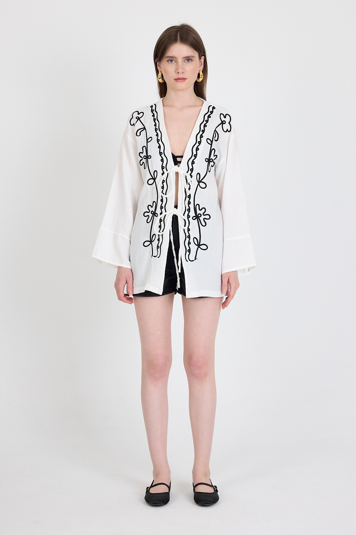 Beyaz Keten Görümümlü %100 Pamuk İşlemeli Kimono 4811A - 3