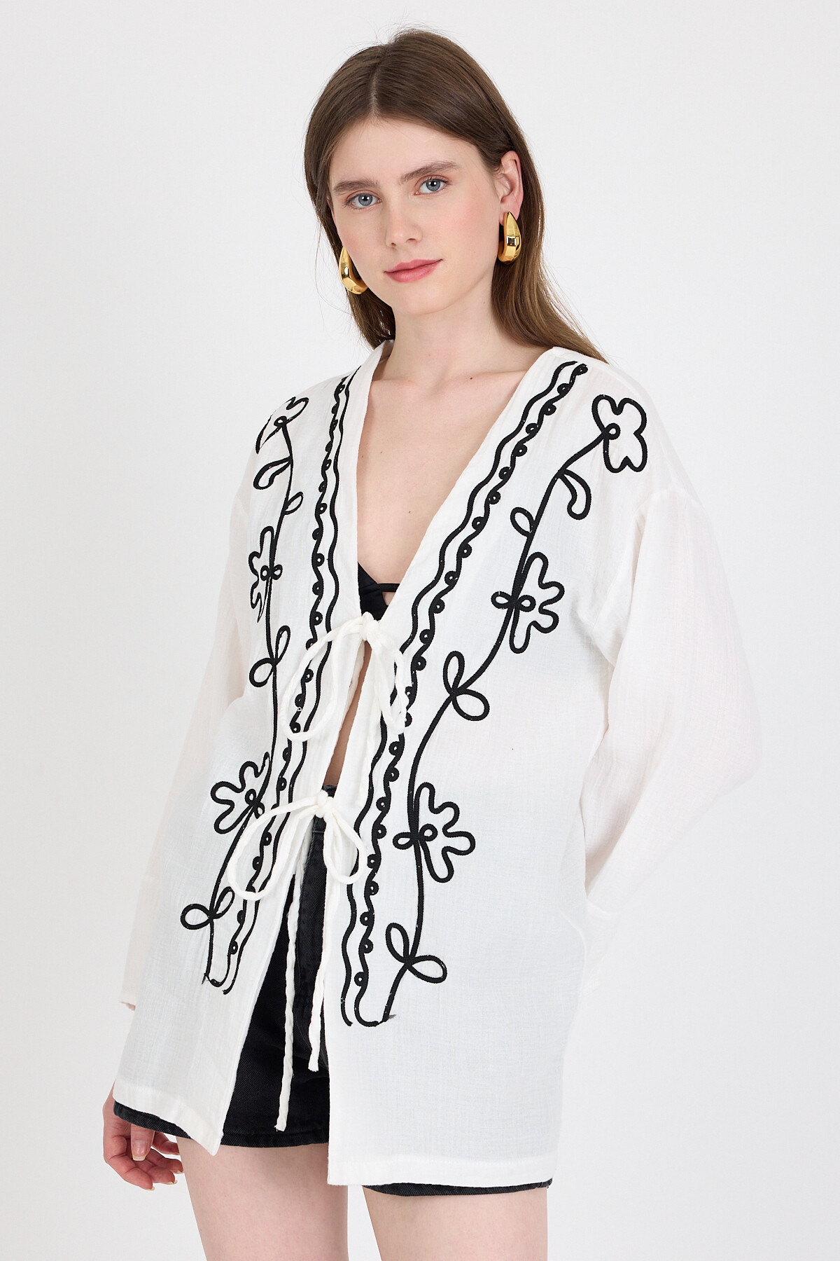 Beyaz Keten Görümümlü %100 Pamuk İşlemeli Kimono 4811A - RAYS