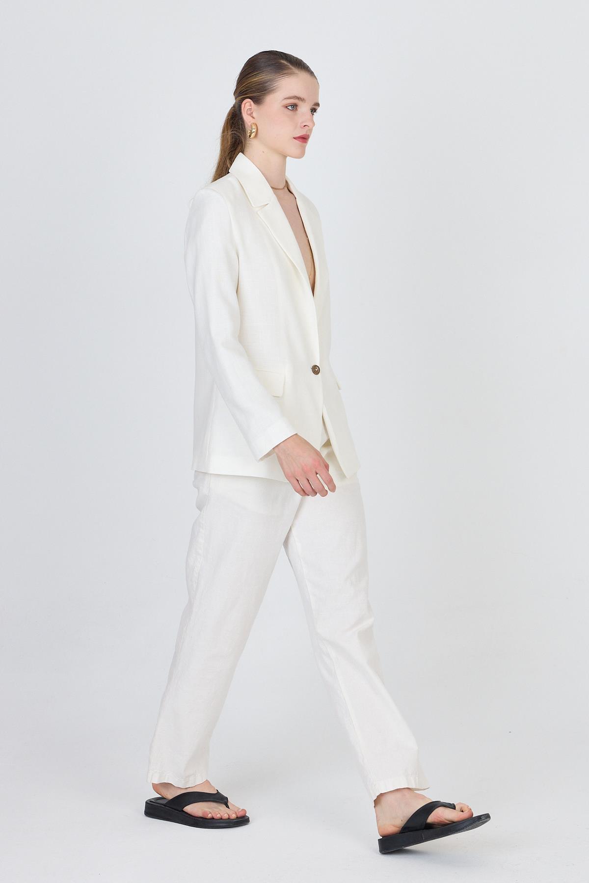 Beyaz Keten Görünümlü %100 Pamuk Astarlı Blazer Ceket 6023-3 - 3