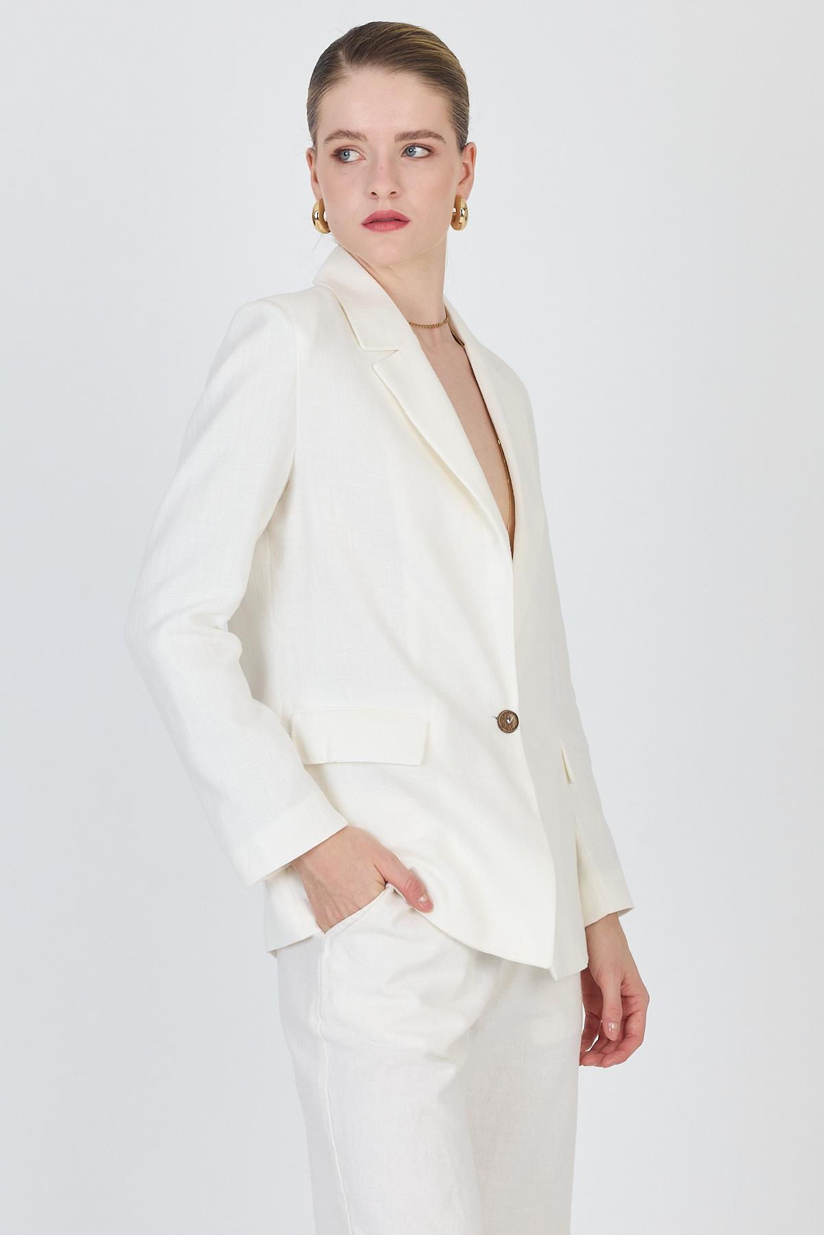 Beyaz Keten Görünümlü %100 Pamuk Astarlı Blazer Ceket 6023-3 - 6