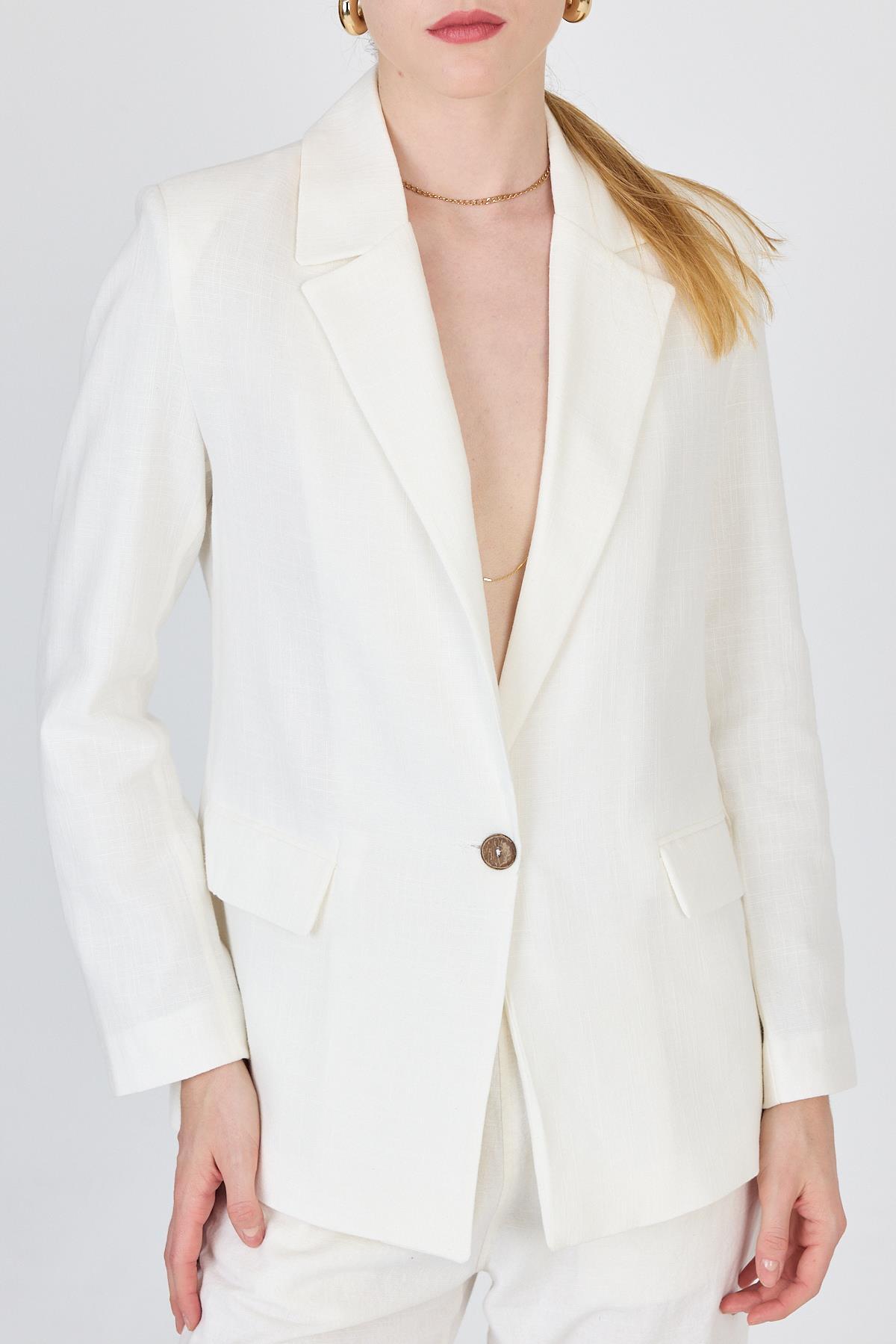 Beyaz Keten Görünümlü %100 Pamuk Astarlı Blazer Ceket 6023-3 - 7