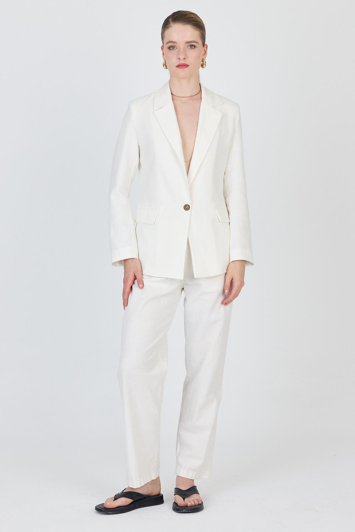 Beyaz Keten Görünümlü %100 Pamuk Astarlı Blazer Ceket 6023-3 - 8