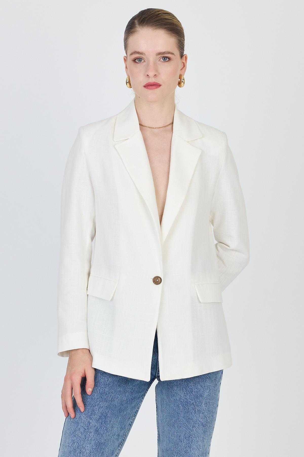 Beyaz Keten Görünümlü %100 Pamuk Astarlı Blazer Ceket 6023-3 - 2